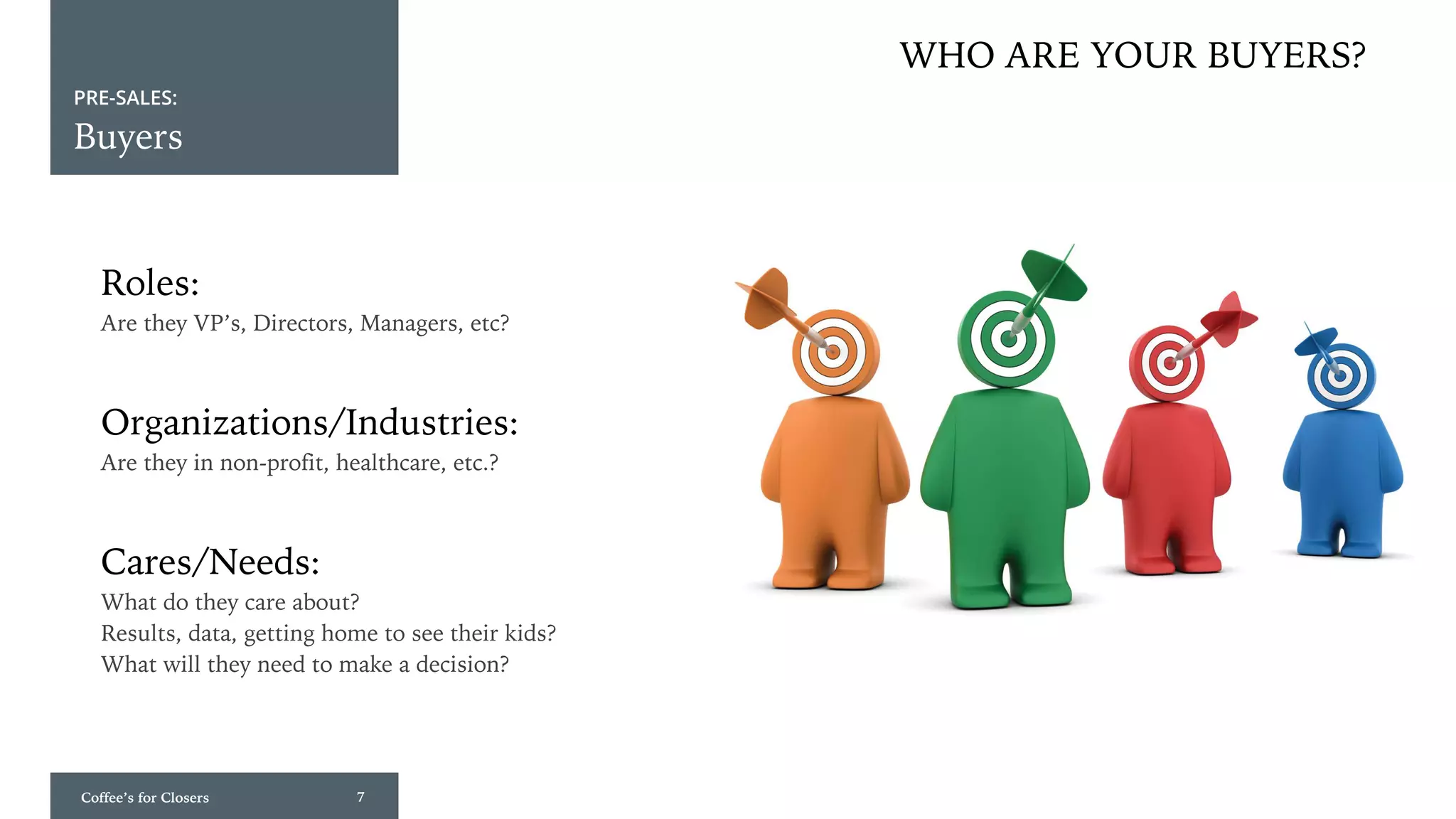 Coffee’s for Closers 7
PRE-SALES:
Buyers
Organizations/Industries:
Are they in non-profit, healthcare, etc.?
Cares/Needs:
What do they care about?
Results, data, getting home to see their kids?
What will they need to make a decision?
Roles:
Are they VP’s, Directors, Managers, etc?
WHO ARE YOUR BUYERS?
 