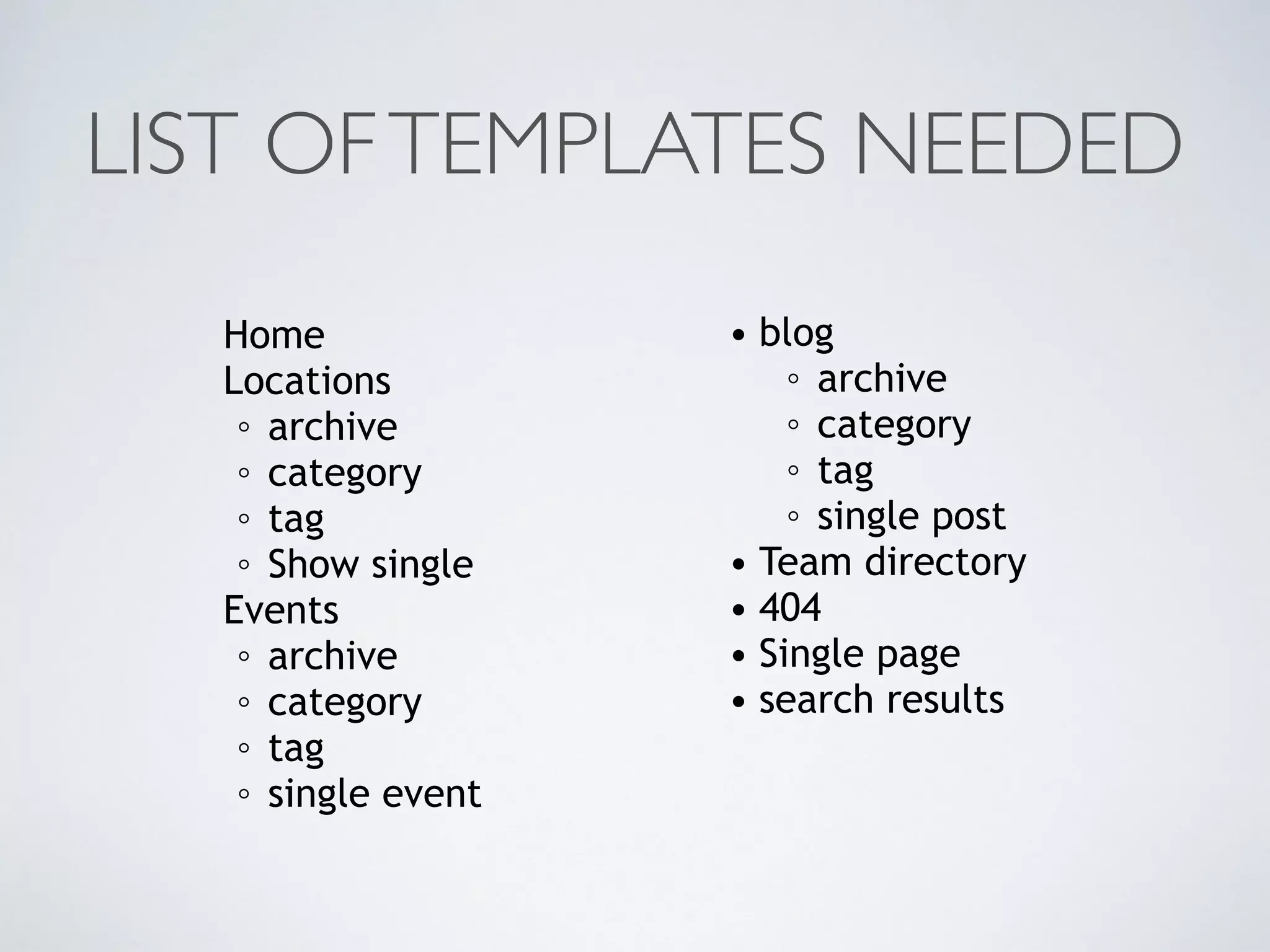 LIST OFTEMPLATES NEEDED
Home
Locations
◦ archive
◦ category
◦ tag
◦ Show single
Events
◦ archive
◦ category
◦ tag
◦ single event
• blog
◦ archive
◦ category
◦ tag
◦ single post
• Team directory
• 404
• Single page
• search results
 