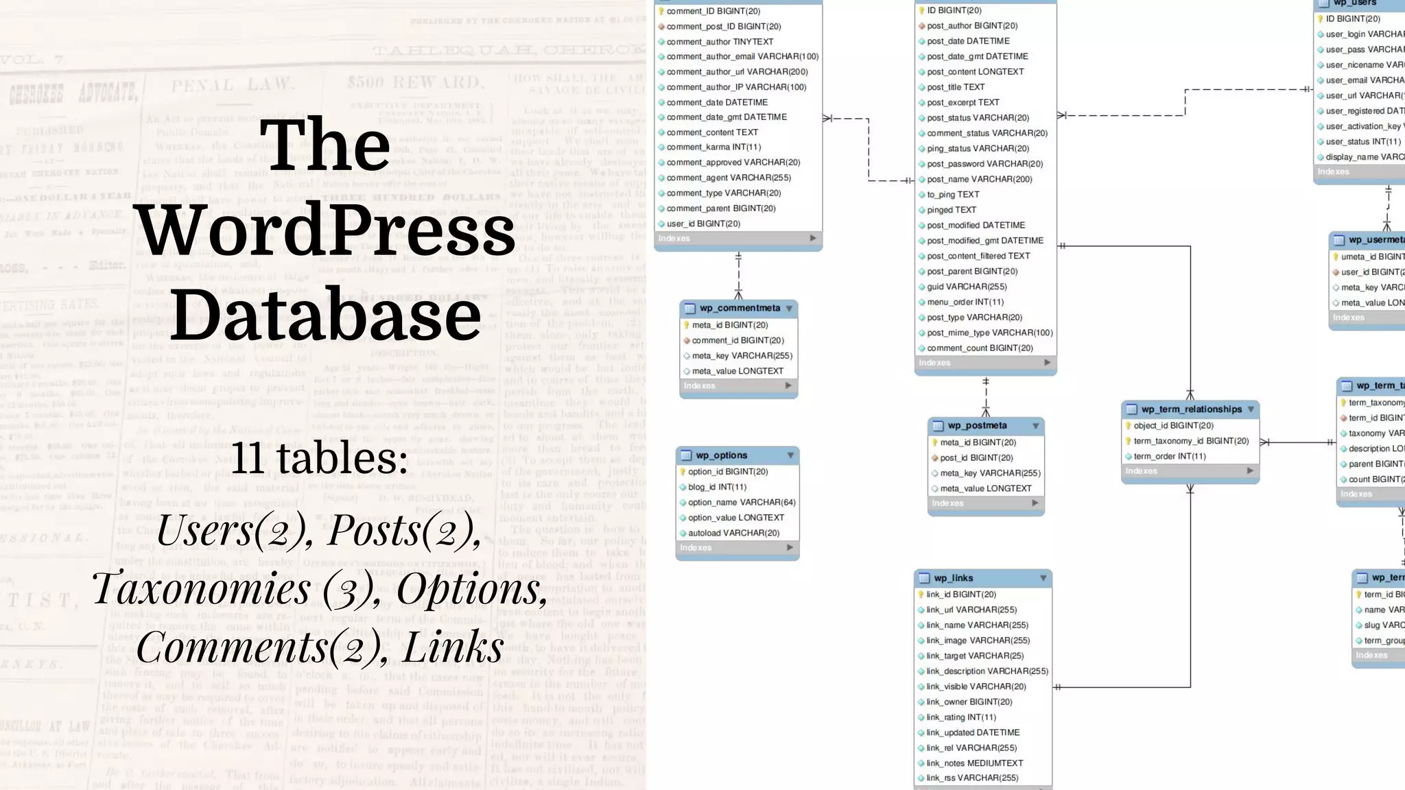 The
WordPress
Database
11 tables:
Users(2), Posts(2),
Taxonomies (3), Options,
Comments(2), Links
 