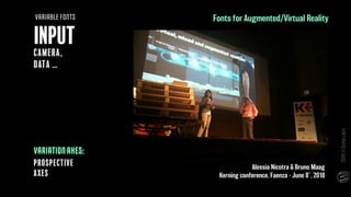 INPUT
VARIABLEFONTS
Camera,
datA …
Prospective
axes
VARIATIONAXES:
Fonts for Augmented/Virtual Reality
Alessia Nicotra & B...