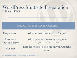 WordPress Multisite Preparation
Wildcard DNS




                WILDCARD DNS CONFIGURATION

Easy way out                A...