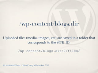 /wp-content/blogs.dir

Uploaded ﬁles (media, images, etc) are saved in a folder that
               corresponds to the SIT...