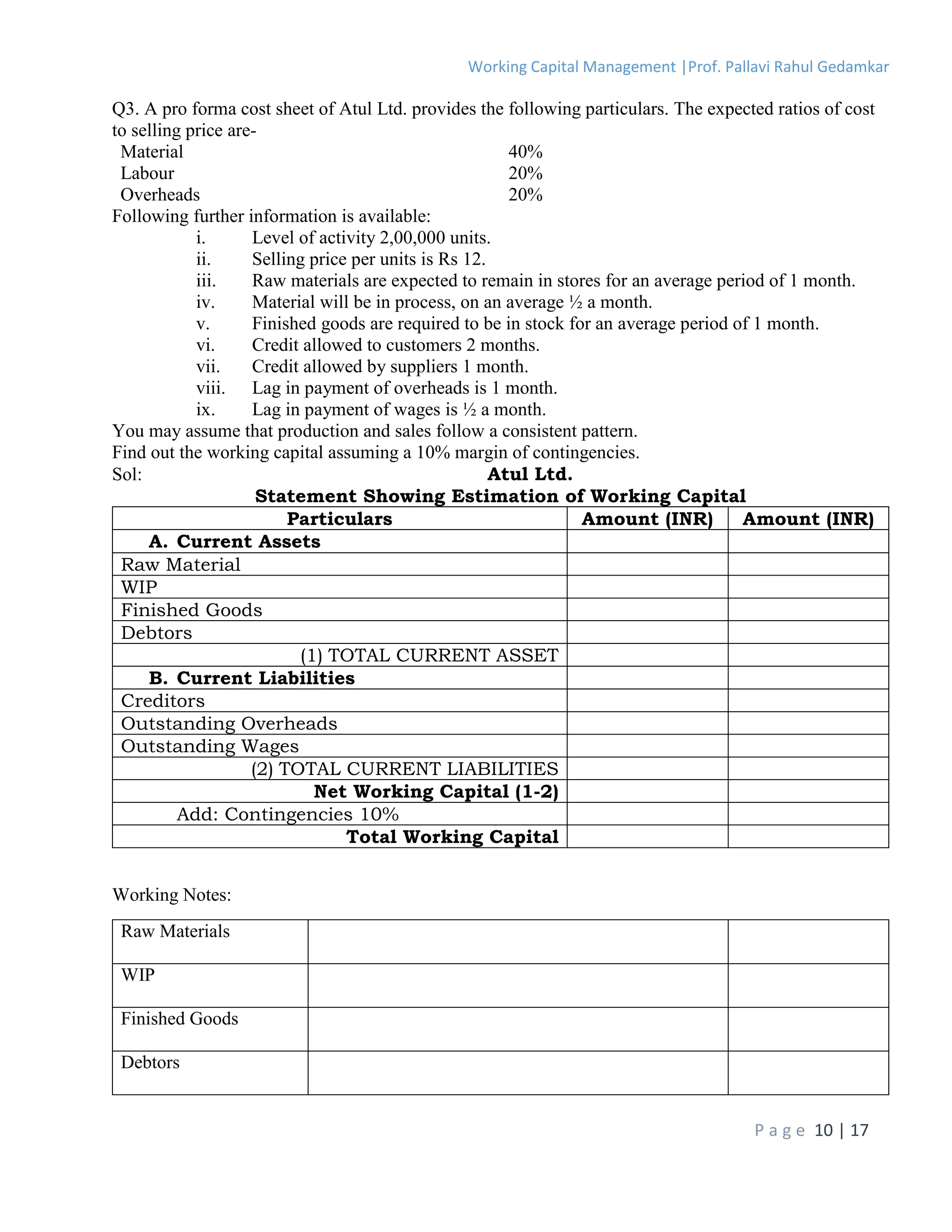 Working Capital Management |Prof. Pallavi Rahul Gedamkar
P a g e 10 | 17
Q3. A pro forma cost sheet of Atul Ltd. provides the following particulars. The expected ratios of cost
to selling price are-
Material 40%
Labour 20%
Overheads 20%
Following further information is available:
i. Level of activity 2,00,000 units.
ii. Selling price per units is Rs 12.
iii. Raw materials are expected to remain in stores for an average period of 1 month.
iv. Material will be in process, on an average ½ a month.
v. Finished goods are required to be in stock for an average period of 1 month.
vi. Credit allowed to customers 2 months.
vii. Credit allowed by suppliers 1 month.
viii. Lag in payment of overheads is 1 month.
ix. Lag in payment of wages is ½ a month.
You may assume that production and sales follow a consistent pattern.
Find out the working capital assuming a 10% margin of contingencies.
Sol: Atul Ltd.
Statement Showing Estimation of Working Capital
Particulars Amount (INR) Amount (INR)
A. Current Assets
Raw Material
WIP
Finished Goods
Debtors
(1) TOTAL CURRENT ASSET
B. Current Liabilities
Creditors
Outstanding Overheads
Outstanding Wages
(2) TOTAL CURRENT LIABILITIES
Net Working Capital (1-2)
Add: Contingencies 10%
Total Working Capital
Working Notes:
Raw Materials
WIP
Finished Goods
Debtors
 