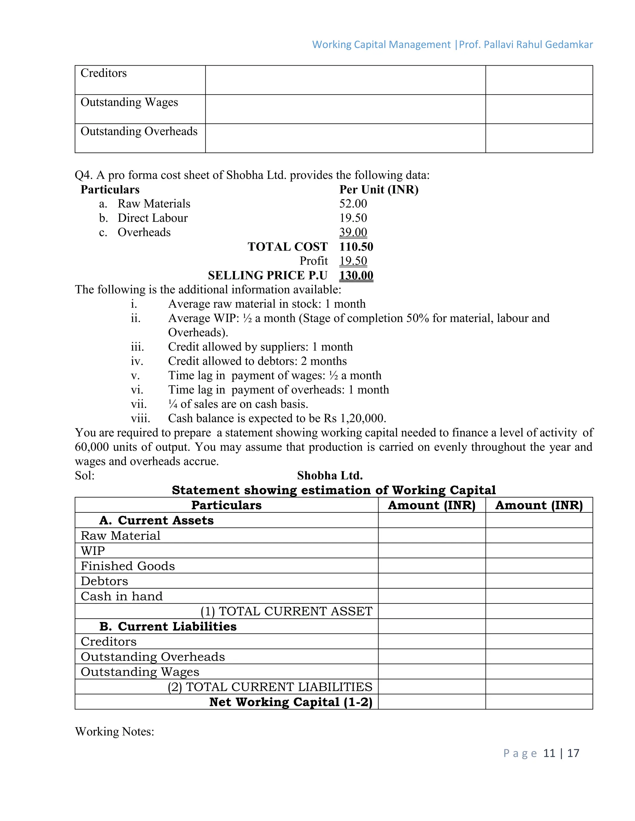 Working Capital Management |Prof. Pallavi Rahul Gedamkar
P a g e 11 | 17
Creditors
Outstanding Wages
Outstanding Overheads
Q4. A pro forma cost sheet of Shobha Ltd. provides the following data:
Particulars Per Unit (INR)
a. Raw Materials 52.00
b. Direct Labour 19.50
c. Overheads 39.00
TOTAL COST 110.50
Profit 19.50
SELLING PRICE P.U 130.00
The following is the additional information available:
i. Average raw material in stock: 1 month
ii. Average WIP: ½ a month (Stage of completion 50% for material, labour and
Overheads).
iii. Credit allowed by suppliers: 1 month
iv. Credit allowed to debtors: 2 months
v. Time lag in payment of wages: ½ a month
vi. Time lag in payment of overheads: 1 month
vii. ¼ of sales are on cash basis.
viii. Cash balance is expected to be Rs 1,20,000.
You are required to prepare a statement showing working capital needed to finance a level of activity of
60,000 units of output. You may assume that production is carried on evenly throughout the year and
wages and overheads accrue.
Sol: Shobha Ltd.
Statement showing estimation of Working Capital
Particulars Amount (INR) Amount (INR)
A. Current Assets
Raw Material
WIP
Finished Goods
Debtors
Cash in hand
(1) TOTAL CURRENT ASSET
B. Current Liabilities
Creditors
Outstanding Overheads
Outstanding Wages
(2) TOTAL CURRENT LIABILITIES
Net Working Capital (1-2)
Working Notes:
 