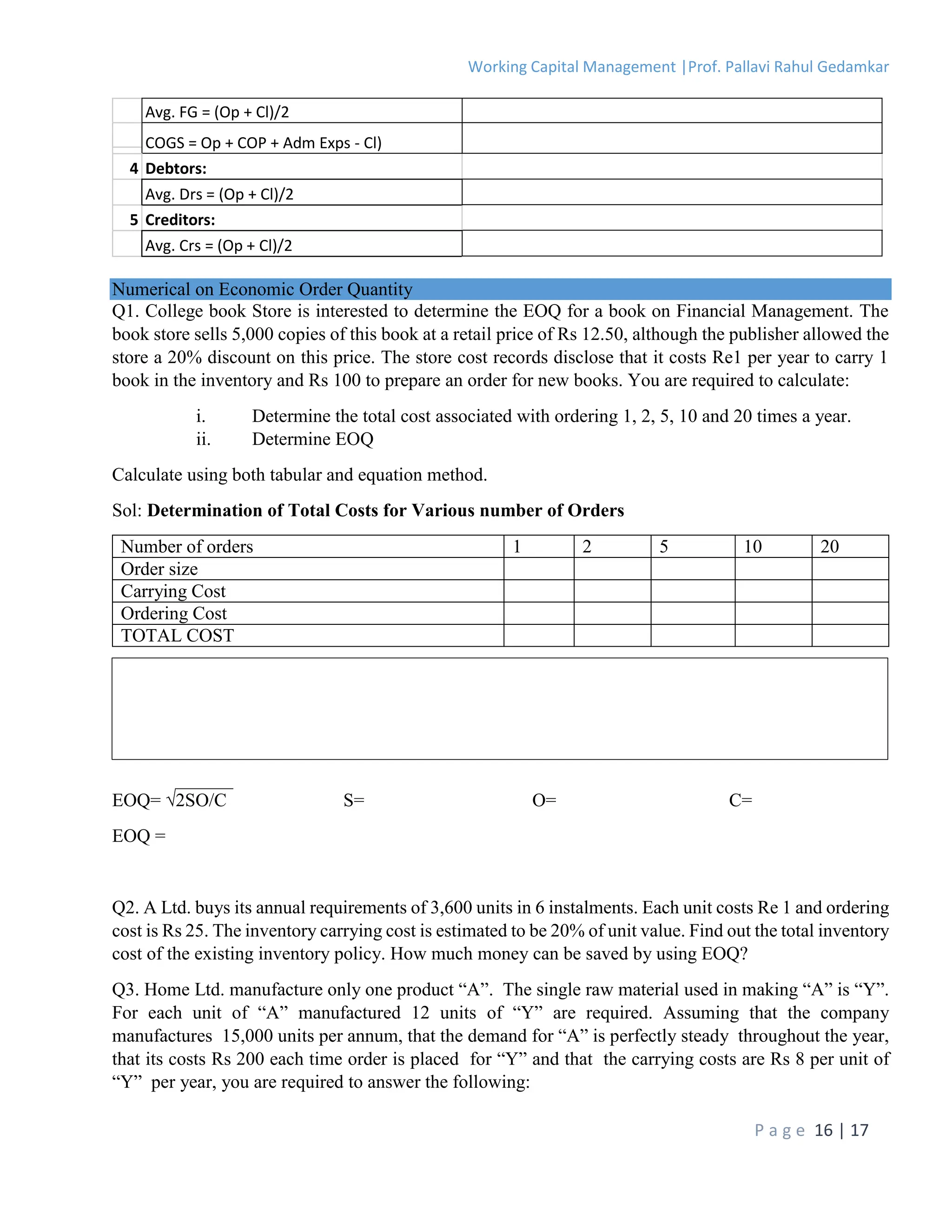 Working Capital Management |Prof. Pallavi Rahul Gedamkar
P a g e 16 | 17
Avg. FG = (Op + Cl)/2
COGS = Op + COP + Adm Exps - Cl)
4 Debtors:
Avg. Drs = (Op + Cl)/2
5 Creditors:
Avg. Crs = (Op + Cl)/2
Numerical on Economic Order Quantity
Q1. College book Store is interested to determine the EOQ for a book on Financial Management. The
book store sells 5,000 copies of this book at a retail price of Rs 12.50, although the publisher allowed the
store a 20% discount on this price. The store cost records disclose that it costs Re1 per year to carry 1
book in the inventory and Rs 100 to prepare an order for new books. You are required to calculate:
i. Determine the total cost associated with ordering 1, 2, 5, 10 and 20 times a year.
ii. Determine EOQ
Calculate using both tabular and equation method.
Sol: Determination of Total Costs for Various number of Orders
Number of orders 1 2 5 10 20
Order size
Carrying Cost
Ordering Cost
TOTAL COST
EOQ= √2SO/C S= O= C=
EOQ =
Q2. A Ltd. buys its annual requirements of 3,600 units in 6 instalments. Each unit costs Re 1 and ordering
cost is Rs 25. The inventory carrying cost is estimated to be 20% of unit value. Find out the total inventory
cost of the existing inventory policy. How much money can be saved by using EOQ?
Q3. Home Ltd. manufacture only one product “A”. The single raw material used in making “A” is “Y”.
For each unit of “A” manufactured 12 units of “Y” are required. Assuming that the company
manufactures 15,000 units per annum, that the demand for “A” is perfectly steady throughout the year,
that its costs Rs 200 each time order is placed for “Y” and that the carrying costs are Rs 8 per unit of
“Y” per year, you are required to answer the following:
 