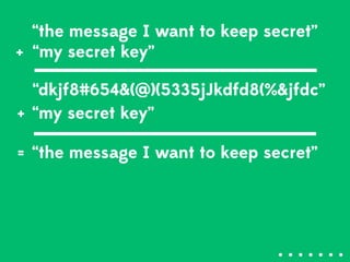 “dkjf8#654&(@)(5335jJkdfd8(%&jfdc”
“my secret key”+
“the message I want to keep secret”=
“the message I want to keep secre...