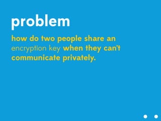 problem
how do two people share an
encryption key when they can’t
communicate privately.
 