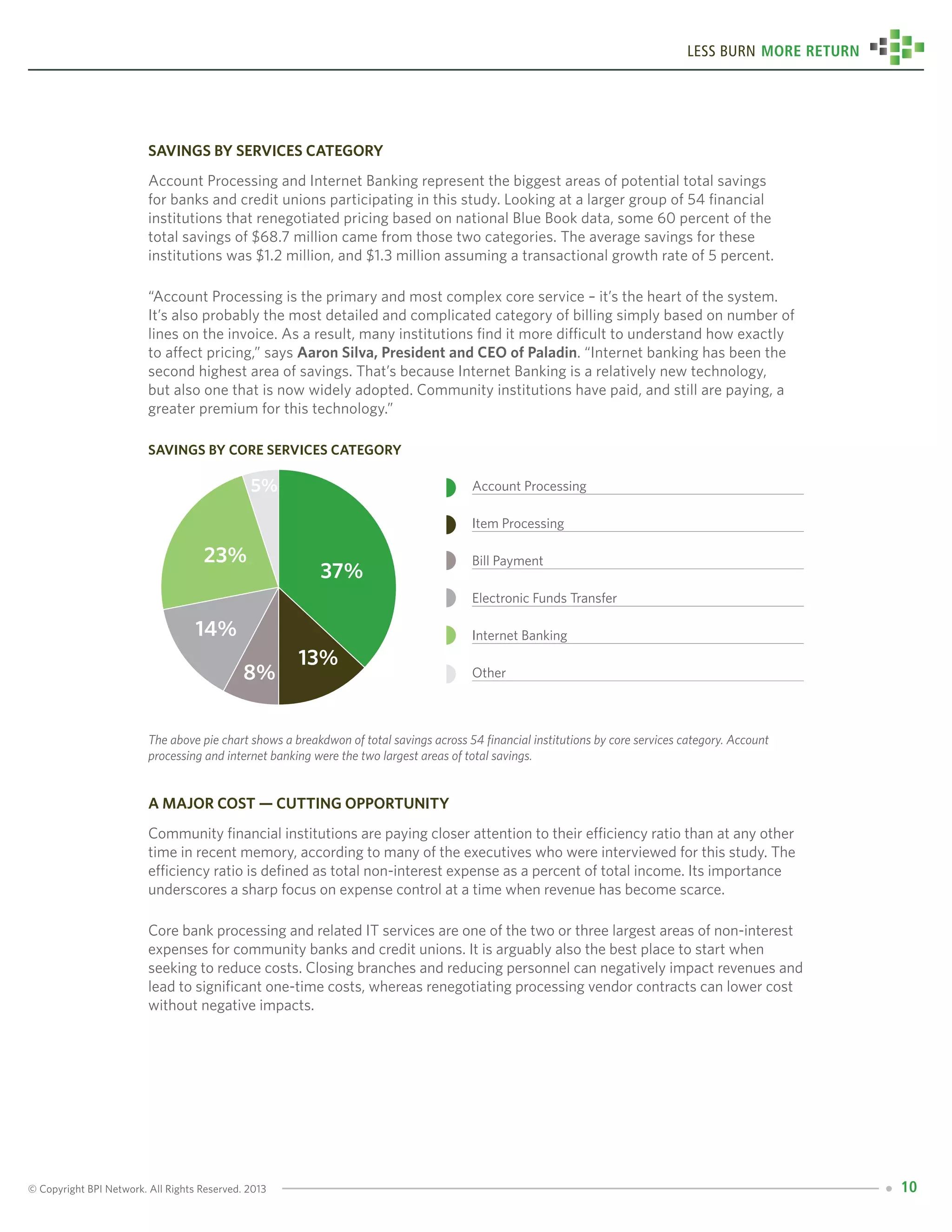 © Copyright BPI Network. All Rights Reserved. 2013 10
Less Burn More Return
Savings by Services Category
Account Processing and Internet Banking represent the biggest areas of potential total savings
for banks and credit unions participating in this study. Looking at a larger group of 54 financial
institutions that renegotiated pricing based on national Blue Book data, some 60 percent of the
total savings of $68.7 million came from those two categories. The average savings for these
institutions was $1.2 million, and $1.3 million assuming a transactional growth rate of 5 percent.
“Account Processing is the primary and most complex core service – it’s the heart of the system.
It’s also probably the most detailed and complicated category of billing simply based on number of
lines on the invoice. As a result, many institutions find it more difficult to understand how exactly
to affect pricing,” says Aaron Silva, President and CEO of Paladin. “Internet banking has been the
second highest area of savings. That’s because Internet Banking is a relatively new technology,
but also one that is now widely adopted. Community institutions have paid, and still are paying, a
greater premium for this technology.”
Savings by core services category
The above pie chart shows a breakdwon of total savings across 54 financial institutions by core services category. Account
processing and internet banking were the two largest areas of total savings.
A Major Cost — Cutting Opportunity
Community financial institutions are paying closer attention to their efficiency ratio than at any other
time in recent memory, according to many of the executives who were interviewed for this study. The
efficiency ratio is defined as total non-interest expense as a percent of total income. Its importance
underscores a sharp focus on expense control at a time when revenue has become scarce.
Core bank processing and related IT services are one of the two or three largest areas of non-interest
expenses for community banks and credit unions. It is arguably also the best place to start when
seeking to reduce costs. Closing branches and reducing personnel can negatively impact revenues and
lead to significant one-time costs, whereas renegotiating processing vendor contracts can lower cost
without negative impacts.
Account Processing
Item Processing
Bill Payment
Electronic Funds Transfer
Internet Banking
Other
37%
23%
5%
13%
8%
14%
 