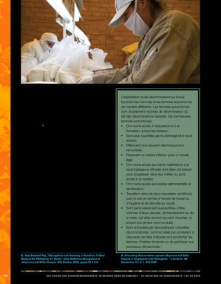 154 LES DROITS DES PEUPLES AUTOCHTONES ET TRIBAUX DANS LA PRATIQUE - UN GUIDE SUR LA CONVENTION N° 169 DE L’OIT 
traditionnels, les autochtones se lancent parfois dans de 
nouvelles activités économiques, qu’il s’agisse de leur 
domaine d’occupation principale, ou dans le secteur 
secondaire ou tertiaire. Par exemple, un cultivateur 
itinérant peut se mettre à pêcher ou travailler comme 
ouvrier agricole durant la saison sèche, après la récolte de 
ses cultures sur brûlis et avant le début du cycle suivant 
de la cueillette.2) 
Souvent, il manque des données et des statistiques 
fiables concernant la situation spécifique des peuples 
autochtones sur le marché de l’emploi. Cependant, 
les informations disponibles montrent que les peuples 
autochtones sont victimes de discriminations et sont 
beaucoup plus touchés par le travail forcé et le travail des 
enfants. Certains des problèmes et préjudices auxquels ils 
sont confrontés sur le marché national et international du 
travail sont les suivants: 
• De nombreux travailleurs autochtones 
sont incapables de rivaliser avec les autres 
travailleurs sur un même pied d’égalité, car leurs 
connaissances et leurs compétences ne sont pas 
évaluées correctement et leur accès à l’éducation 
formelle et à la formation professionnelle est limité. 
• La présence des travailleurs autochtones sur le 
marché de l’emploi est souvent précaire et ils sont 
fréquemment privés des droits fondamentaux des 
travailleurs. 
• En général, les travailleurs autochtones gagnent 
moins d’argent que les autres travailleurs et 
leurs revenus en fonction du nombre d’années 
d’études sont inférieurs à ceux des travailleurs 
non autochtones. Plus une personne a étudié 
longtemps, plus cet écart se creuse. 
2) Raja Devasish Roy, “Occupations and Economy in Transition: A Case 
Study of the Chittagong Hill Tracts”, dans Traditional Occupations of 
Indigenous and Tribal Peoples, OIT, Genève, 2000, pages 73 à 122. 
L’exploitation et les discriminations au travail 
touchent les hommes et les femmes autochtones 
de manière différente. Les femmes autochtones 
sont doublement victimes de discrimination du 
fait des discriminations sexistes. De nombreuses 
femmes autochtones: 
• Ont moins accès à l’éducation et à la 
formation, à tous les niveaux; 
• Sont plus touchées par le chômage et le sous-emploi; 
• Effectuent plus souvent des travaux non 
rémunérés; 
• Reçoivent un salaire inférieur pour un travail 
égal; 
• Ont moins accès aux biens matériels et à la 
reconnaissance officielle dont elles ont besoin 
pour progresser dans leur métier ou avoir 
accès à un emploi; 
• Ont moins accès aux postes administratifs et 
de direction; 
• Travaillent dans de plus mauvaises conditions, 
que ce soit en termes d’heures de travail ou 
d’hygiène et de sécurité au travail; 
• Sont particulièrement susceptibles d’être 
victimes d’abus sexuels, de harcèlement ou de 
la traite, car elles doivent souvent chercher un 
emploi loin de leur communauté; 
• Sont entravées par des pratiques culturelles 
discriminatoires, comme celles qui consistent à 
dissuader les filles d’étudier et à empêcher les 
femmes d’hériter de terres ou de participer aux 
processus décisionnels.3) 
3) Eliminating Discrimination against Indigenous and Tribal 
Peoples in Employment and Occupation – a Guide to ILO 
Convention No. 111, OIT, 2007. 
 