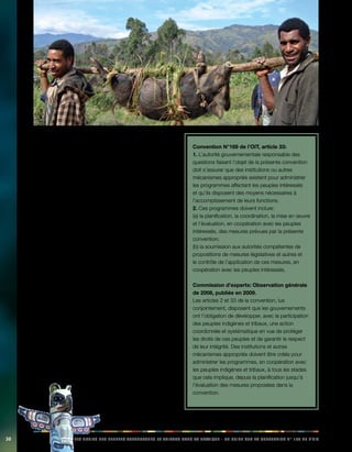 30 LES DROITS DES PEUPLES AUTOCHTONES ET TRIBAUX DANS LA PRATIQUE - UN GUIDE SUR LA CONVENTION N° 169 DE L’OIT 
Les instances de contrôle de l’OIT ont insisté sur le 
fait qu’une action coordonnée et systématique était 
nécessaire afin de «résoudre les situations d’inégalité 
affectant les peuples indigènes de manière profonde 
et durable» (Conseil d’administration, 289e session, 
mars 2004, Réclamation en vertu de l’article 24 de la 
Constitution de l’OIT, Mexique, GB.289/17/3, paragraphe 
133). Ce message revêt une importance capitale, car les 
droits des peuples autochtones sont parfois interprétés, 
à tort, comme des privilèges et avantages accordés 
aux peuples autochtones par rapport au reste de la 
société. Au contraire, la reconnaissance des droits des 
peuples autochtones est une condition nécessaire pour 
que ces peuples puissent s’impliquer dans la société de 
leur pays et en bénéficier sur un pied d’égalité, avec les 
autres. C’est en quoi elle permet de mettre un terme à la 
discrimination. 
Vingt ans après l’adoption de la convention N° 169 et 
suite à l’adoption en 2007 de la Déclaration de l’ONU 
sur les droits des peuples autochtones, on s’accorde 
généralement à dire que toute la difficulté réside dans 
l’application concrète de ces droits, par l’intermédiaire 
de mesures et de mécanismes d’application appropriés. 
La convention N° 169 comporte plusieurs dispositions 
qui font spécifiquement référence à sa mise en oeuvre 
afin de guider le processus d’application. En général, les 
instances de contrôle de l’OIT ont souvent mis l’accent 
sur la nécessité de rapprocher l’article 2, qui sollicite une 
action coordonnée et systématique, de l’article 33, qui 
concerne la création des institutions et des mécanismes 
appropriés à cet effet: 
Convention N°169 de l’OIT, article 33: 
1. L’autorité gouvernementale responsable des 
questions faisant l’objet de la présente convention 
doit s’assurer que des institutions ou autres 
mécanismes appropriés existent pour administrer 
les programmes affectant les peuples intéressés 
et qu’ils disposent des moyens nécessaires à 
l’accomplissement de leurs fonctions. 
2. Ces programmes doivent inclure: 
(a) la planification, la coordination, la mise en oeuvre 
et l’évaluation, en coopération avec les peuples 
intéressés, des mesures prévues par la présente 
convention; 
(b) la soumission aux autorités compétentes de 
propositions de mesures législatives et autres et 
le contrôle de l’application de ces mesures, en 
coopération avec les peuples intéressés. 
Commission d’experts: Observation générale 
de 2008, publiée en 2009. 
Les articles 2 et 33 de la convention, lus 
conjointement, disposent que les gouvernements 
ont l’obligation de développer, avec la participation 
des peuples indigènes et tribaux, une action 
coordonnée et systématique en vue de protéger 
les droits de ces peuples et de garantir le respect 
de leur intégrité. Des institutions et autres 
mécanismes appropriés doivent être créés pour 
administrer les programmes, en coopération avec 
les peuples indigènes et tribaux, à tous les stades 
que cela implique, depuis la planification jusqu’à 
l’évaluation des mesures proposées dans la 
convention. 
 