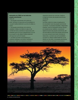 iiv. Teerrs et eeiiorrrstt 93 
La Déclaration de l’ONU sur les droits des peuples autochtones traite, elle aussi, de la question très importante des terres et 
territoires: 
Déclaration de l’ONU sur les droits des 
peuples autochtones: 
Article 26 
1. Les peuples autochtones ont le droit aux 
terres, territoires et ressources qu’ils possèdent et 
occupent traditionnellement ou qu’ils ont utilisés ou 
acquis. 
2. Les peuples autochtones ont le droit de 
posséder, d’utiliser, de mettre en valeur et de 
contrôler les terres, territoires et ressources qu’ils 
possèdent parce qu’ils leur appartiennent ou qu’ils 
les occupent ou les utilisent traditionnellement, 
ainsi que ceux qu’ils ont acquis. 
3. Les États accordent reconnaissance et 
protection juridiques à ces terres, territoires et 
ressources. Cette reconnaissance se fait en 
respectant dûment les coutumes, traditions 
et régimes fonciers des peuples autochtones 
concernés. 
Article 27 
Les États mettront en place et appliqueront, 
en concertation avec les peuples autochtones 
concernés, un processus équitable, indépendant, 
impartial, ouvert et transparent prenant dûment 
en compte les lois, traditions, coutumes et 
régimes fonciers des peuples autochtones, afin 
de reconnaître les droits des peuples autochtones 
en ce qui concerne leurs terres, territoires et 
ressources, y compris ceux qu’ils possèdent, 
occupent ou utilisent traditionnellement, et de 
statuer sur ces droits. Les peuples autochtones 
auront le droit de participer à ce processus. 
 