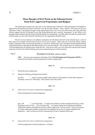 30 
Three Decades of ILO Work on the Informal Sector 
from ILO’s approved Programmes and Budgets 
The following list contains the work items on the informal sector in the ILO’s official Programme and Budget as 
approved by the International Labour Conference over the past three decades. These “official” work items are the ones 
which have made it successfully through a long negotiating process every two years which starts with what individual 
officials suggest that the ILO should do and, after being hammered into a coherent “programme” by the Office’s own 
programming procedures and then being cleared through the Governing Body, eventually ends with what the member States 
formally agree as to how their financial contributions to the organisation should be spent. 
This list is not an exhaustive nor definitive itemisation of work done by the ILO on the informal sector. Some of 
these items never actually end up being carried out, for all sorts of reasons. Other work not set out in the official “regular 
budget” programme either comes up unexpectedly or is carried out “off the radar screen” through externally funded technical 
cooperation projects or through the individual initiative of a concerned official. This list does, however, reflect the overall 
vision and approach to the informal sector within the ILO. It also gives a bird’s eye view of how the concept of the informal 
sector has evolved in the official thinking and resource allocation process of the institution. 
Prog No. Description of work item (with para. number) 
1969 (last one-year programme and budget of ILO) World Employment Programme (WEP) is 
launched, and includes research programme on urban unemployment 
1970 - 71 
(first two-year programme and budget) 
7 Human Resources department 
7.4 Manpower Planning and Organisation branch 
para 285 “ ... and to examine in depth certain aspects of the problem of rural-urban migration ...” 
(including reissue of a 1960 study, “Why Labour Leaves the Land”) 
1972 - 73 
70 EMPLOYMENT PLANNING AND PROMOTION department 
Urban unemployment research programme 
para. 340 “... (a) a broad study ... to analyse the problems of urban unemployment from a multi-disciplinary 
point of view ..., (b) a two-part study ... to examine employment expansion possibilities 
within those modern and traditional activities which comprise the “services sector”, and (c) (an analysis 
of ) urban employment problems arising from the migration into towns of a largely unskilled rural 
population ... (and ) economic activities among persons living in marginal urban areas.” 
1974 - 75 
70 EMPLOYMENT PLANNING AND PROMOTION department 
Urban unemployment research programme - continued 
ANNEX 1 
 