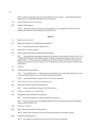 34 
100.54 Study on cooperative type services for urban low income groups ... in providing employment 
opportunities in selected manufacturing and service industries 
120 LABOUR INFORMATION AND STATISTICS 
120.3 Statistics sub-programme 
120.23 “advise five African countries on the development of a core programme of labour statistics, 
including the collection of data relating to the informal sector.” 
1988 - 89 
55 PROMOTION OF EQUALITY 
55.4 International migration for employment sub-programme 
55.28 Returning migrants in the informal sector 
60 EMPLOYMENT AND DEVELOPMENT 
60.2 Labour markets and employment planning sub-programme 
60.21 “monograph assessing ongoing programmes and policies in three selected countries with a view 
to enhancing the capacity of developing countries to design and implement appropriate policies for the 
informal sector. It is also proposed to undertake a study of the institutions which have been utilised to 
promote micro-enterprises . Such as grass-root level organisations, government agencies and para-statal 
organisations.” 
70 TRAINING 
70.4 Training policies sub-programme 
70.58 Two in-depth studies ... to determine how the informal sector can be approached, how to assess 
its needs and how to gain access to it in terms of training interventions.” 
70.60 Vocational training for young women in low-income households 
80 INDUSTRIAL RELATIONS AND LABOUR ADMINISTRATION 
80.2 Labour law and labour relations sub-programme 
80.13 Labour law and labour relations in the informal sector 
90 WORKING CONDITIONS AND ENVIRONMENT 
90.2 Occupational safety and health sub-programme 
90.19 Draft code of practice on safety and health in construction 
90.24 Study on the provision of occupational health services for small-scale enterprises, agricultural 
workers and the informal sector 
100 SECTORAL ACTIVITIES 
100.3 Basic industries and transport sub-programme 
100.25 Study on the construction of low-cost housing and shelter in developing countries 
100.6 Cooperatives sub-programme 
100.71 Case studies on cooperative type services for urban low-income groups 
 