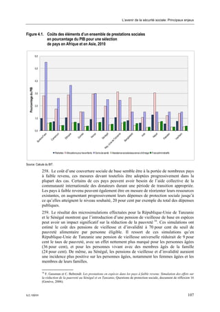 L’avenir de la sécurité sociale: Principaux enjeux



Figure 4.1. Coûts des éléments d’un ensemble de prestations sociales
            en pourcentage du PIB pour une sélection
            de pays en Afrique et en Asie, 2010

                       6,0



                       5,0



                       4,0
  Pourcentage du PIB




                       3,0



                       2,0



                       1,0



                       0,0




                                      Retraites   Allocations pour les enfants   Soins de santé   Assistance sociale/assurance-chômage   Frais administratifs



Source: Calculs du BIT.

                             258. Le coût d’une couverture sociale de base semble être à la portée de nombreux pays
                             à faible revenu, ces mesures devant toutefois être adoptées progressivement dans la
                             plupart des cas. Certains de ces pays peuvent avoir besoin de l’aide collective de la
                             communauté internationale des donateurs durant une période de transition appropriée.
                             Les pays à faible revenu peuvent également être en mesure de réorienter leurs ressources
                             existantes, en augmentant progressivement leurs dépenses de protection sociale jusqu’à
                             ce qu’elles atteignent le niveau souhaité, 20 pour cent par exemple du total des dépenses
                             publiques.
                             259. Le résultat des microsimulations effectuées pour la République-Unie de Tanzanie
                             et le Sénégal montrent que l’introduction d’une pension de vieillesse de base en espèces
                             peut avoir un impact significatif sur la réduction de la pauvreté 16. Ces simulations ont
                             estimé le coût des pensions de vieillesse et d’invalidité à 70 pour cent du seuil de
                             pauvreté alimentaire par personne éligible. Il ressort de ces simulations qu’en
                             République-Unie de Tanzanie une pension de vieillesse universelle réduirait de 9 pour
                             cent le taux de pauvreté, avec un effet nettement plus marqué pour les personnes âgées
                             (36 pour cent), et pour les personnes vivant avec des membres âgés de la famille
                             (24 pour cent). De même, au Sénégal, les pensions de vieillesse et d’invalidité auraient
                             une incidence plus positive sur les personnes âgées, notamment les femmes âgées et les
                             membres de leurs familles.

                             16
                                F. Gassman et C. Behrendt: Les prestations en espèces dans les pays à faible revenu: Simulation des effets sur
                             la réduction de la pauvreté au Sénégal et en Tanzanie, Questions de protection sociale, document de réflexion 16
                             (Genève, 2006).



ILC.100/VI                                                                                                                                                      107
 