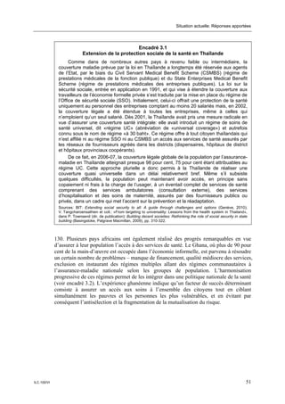 Situation actuelle: Réponses apportées




                                                    Encadré 3.1
                            Extension de la protection sociale de la santé en Thaïlande
                    Comme dans de nombreux autres pays à revenu faible ou intermédiaire, la
              couverture maladie prévue par la loi en Thaïlande a longtemps été réservée aux agents
              de l’Etat, par le biais du Civil Servant Medical Benefit Scheme (CSMBS) (régime de
              prestations médicales de la fonction publique) et du State Enterprises Medical Benefit
              Scheme (régime de prestations médicales des entreprises publiques). La loi sur la
              sécurité sociale, entrée en application en 1991, et qui vise à étendre la couverture aux
              travailleurs de l’économie formelle privée s’est traduite par la mise en place du régime de
              l’Office de sécurité sociale (SSO). Initialement, celui-ci offrait une protection de la santé
              uniquement au personnel des entreprises comptant au moins 20 salariés mais, en 2002,
              la couverture légale a été étendue à toutes les entreprises, même à celles qui
              n’emploient qu’un seul salarié. Dès 2001, la Thaïlande avait pris une mesure radicale en
              vue d’assurer une couverture santé intégrale: elle avait introduit un régime de soins de
              santé universel, dit «régime UC» (abréviation de «universal coverage») et autrefois
              connu sous le nom de régime «à 30 baht». Ce régime offre à tout citoyen thaïlandais qui
              n’est affilié ni au régime SSO ni au CSMBS un accès aux services de santé assurés par
              les réseaux de fournisseurs agréés dans les districts (dispensaires, hôpitaux de district
              et hôpitaux provinciaux coopérants).
                    De ce fait, en 2006-07, la couverture légale globale de la population par l’assurance-
              maladie en Thaïlande atteignait presque 98 pour cent, 75 pour cent étant attribuables au
              régime UC. Cette approche plurielle a donc permis à la Thaïlande de réaliser une
              couverture quasi universelle dans un délai relativement bref. Même s’il subsiste
              quelques difficultés, la population peut maintenant avoir accès, en principe sans
              copaiement ni frais à la charge de l’usager, à un éventail complet de services de santé
              comprenant des services ambulatoires (consultation externe), des services
              d’hospitalisation et des soins de maternité, assurés par des fournisseurs publics ou
              privés, dans un cadre qui met l’accent sur la prévention et la réadaptation.
              Sources: BIT: Extending social security to all: A guide through challenges and options (Genève, 2010);
              V. Tangcharoensathien et coll.: «From targeting to universality: Lessons from the health system in Thailand»,
              dans P. Townsend (dir. de publication): Building decent societies: Rethinking the role of social security in state
              building (Basingstoke, Palgrave Macmillan, 2009), pp. 310-322.



             130. Plusieurs pays africains ont également réalisé des progrès remarquables en vue
             d’assurer à leur population l’accès à des services de santé. Le Ghana, où plus de 90 pour
             cent de la main-d’œuvre est occupée dans l’économie informelle, est parvenu à résoudre
             un certain nombre de problèmes – manque de financement, qualité médiocre des services,
             exclusion en instaurant des régimes multiples allant des régimes communautaires à
             l’assurance-maladie nationale selon les groupes de population. L’harmonisation
             progressive de ces régimes permet de les intégrer dans une politique nationale de la santé
             (voir encadré 3.2). L’expérience ghanéenne indique qu’un facteur de succès déterminant
             consiste à assurer un accès aux soins à l’ensemble des citoyens tout en ciblant
             simultanément les pauvres et les personnes les plus vulnérables, et en évitant par
             conséquent l’antisélection et la fragmentation de la mutualisation du risque.




ILC.100/VI                                                                                                                     51
 