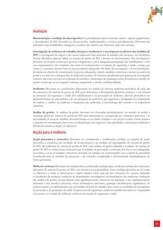 25 
Avaliação 
Monitorização e medição do desempenho: Os procedimentos para controlar, medir e registar regularmente 
o desempenho de SST deveriam ser desenvolvidos, implementados e revistos periodicamente. Deveriam ser 
atribuídas responsabilidades, obrigações e poderes de controlo aos diferentes níveis da estrutura. 
Investigação de acidentes de trabalho, doenças e incidentes e o seu impacto na eficácia das medidas de 
SST: A investigação da origem e das causas subjacentes dos acidentes de trabalho, das doenças e dos incidentes 
deveria identificar algumas falhas no sistema de gestão de SST e deveria ser documentada. Tais investigações 
deveriam ser levadas a efeito por pessoas competentes, com a adequada participação dos trabalhadores e dos 
seus representantes. Os resultados deveriam ser comunicados à comissão de segurança e saúde, sempre que 
exista, e a comissão deveria fazer as recomendações adequadas. Os dados da investigação e as recomendações 
deveriam ser objecto de comunicação às pessoas adequadas, visando medidas correctivas a incluir na análise de 
gestão e ser tidas em conta para fins de melhoria contínua. Os relatórios produzidos por agências de investigação 
externas, tais como serviços de inspecção do trabalho e instituições de segurança social, deveriam ser tratadas do 
mesmo modo que as investigações internas, respeitando a devida confidencialidade. 
Auditoria: Deveriam ser estabelecidas disposições no sentido de efectuar auditorias periódicas de cada um 
dos elementos do sistema de gestão de SST, para determinar o desempenho global do sistema e a sua eficácia 
na protecção da segurança e saúde dos trabalhadores e na prevenção de acidentes. Deveria proceder-se ao 
desenvolvimento de uma política e de um programa de auditorias, que englobem a designação da competência 
do auditor, o âmbito da auditoria, a frequência das auditorias, a metodologia das mesmas e os respectivos 
relatórios. 
Análise da gestão: As análises da gestão deveriam ser efectuadas periodicamente, no sentido de avaliar a 
estratégia global do sistema de gestão de SST para determinar se corresponde aos objectivos previstos e às 
necessidades do local de trabalho; deveriam basear-se nos dados coligidos e nas acções levadas a efeito durante 
o período em consideração, bem como na identificação dos aspectos e das prioridades a alterar para melhorar a 
eficácia do sistema e atingir os objectivos. 
Acção para a melhoria 
Acção preventiva e correctiva: Deveriam ser estabelecidas e confirmadas medidas em matéria de acção 
preventiva e correctiva, em resultado da monitorização e da medição do desempenho do sistema de gestão 
de SST, das auditorias do sistema de gestão de SST e das análises da gestão. Quando a avaliação do sistema de 
gestão de SST ou outras fontes indicarem que as medidas de prevenção e correcção dos riscos são inadequadas 
ou tendem a sê-lo, as medidas correctivas deveriam ser tratadas em conformidade com a ordem de prioridade 
reconhecida para as medidas de prevenção e de controlo, completadas e documentadas atempadamente de 
forma pertinente. 
Melhoria contínua: Deveriam ser estabelecidas e confirmadas medidas para a melhoria contínua dos elementos 
relevantes do sistema de gestão de SST e do sistema na sua globalidade. Estas medidas deveriam ter em conta 
os objectivos e todas as informações e dados obtidos sobre cada um dos elementos do sistema, incluindo 
os resultados da avaliação, medições do desempenho, investigações, recomendações das auditorias, resultados 
das análises da gestão, recomendações para aperfeiçoamento, alterações na legislação e nas regulamentações 
nacionais e nos acordos colectivos, novas informações relevantes, quaisquer modificações significativas de 
carácter técnico ou administrativo nas actividades do local de trabalho, bem como os resultados dos programas 
de protecção e de promoção da saúde. Os processos de segurança e saúde no trabalho deveriam ser comparados 
com outros, no sentido de melhorar a eficácia em matéria de segurança e saúde. 
 