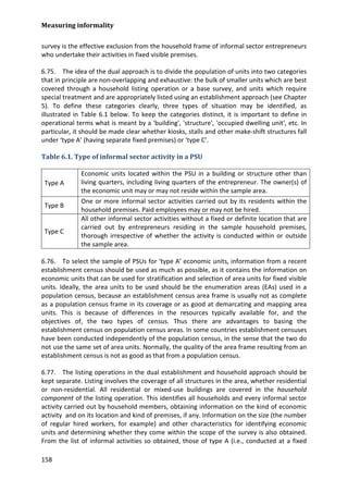 Measuring informality 
158 
survey is the effective exclusion from the household frame of informal sector entrepreneurs who undertake their activities in fixed visible premises. 
6.75. The idea of the dual approach is to divide the population of units into two categories that in principle are non-overlapping and exhaustive: the bulk of smaller units which are best covered through a household listing operation or a base survey, and units which require special treatment and are appropriately listed using an establishment approach (see Chapter 5). To define these categories clearly, three types of situation may be identified, as illustrated in Table 6.1 below. To keep the categories distinct, it is important to define in operational terms what is meant by a 'building', 'structure', 'occupied dwelling unit', etc. In particular, it should be made clear whether kiosks, stalls and other make-shift structures fall under ‘type A’ (having separate fixed premises) or ‘type C’. 
Table 6.1. Type of informal sector activity in a PSU 
Type A 
Economic units located within the PSU in a building or structure other than living quarters, including living quarters of the entrepreneur. The owner(s) of the economic unit may or may not reside within the sample area. 
Type B 
One or more informal sector activities carried out by its residents within the household premises. Paid employees may or may not be hired. 
Type C 
All other informal sector activities without a fixed or definite location that are carried out by entrepreneurs residing in the sample household premises, thorough irrespective of whether the activity is conducted within or outside the sample area. 
6.76. To select the sample of PSUs for ‘type A’ economic units, information from a recent establishment census should be used as much as possible, as it contains the information on economic units that can be used for stratification and selection of area units for fixed visible units. Ideally, the area units to be used should be the enumeration areas (EAs) used in a population census, because an establishment census area frame is usually not as complete as a population census frame in its coverage or as good at demarcating and mapping area units. This is because of differences in the resources typically available for, and the objectives of, the two types of census. Thus there are advantages to basing the establishment census on population census areas. In some countries establishment censuses have been conducted independently of the population census, in the sense that the two do not use the same set of area units. Normally, the quality of the area frame resulting from an establishment census is not as good as that from a population census. 
6.77. The listing operations in the dual establishment and household approach should be kept separate. Listing involves the coverage of all structures in the area, whether residential or non-residential. All residential or mixed-use buildings are covered in the household component of the listing operation. This identifies all households and every informal sector activity carried out by household members, obtaining information on the kind of economic activity and on its location and kind of premises, if any. Information on the size (the number of regular hired workers, for example) and other characteristics for identifying economic units and determining whether they come within the scope of the survey is also obtained. From the list of informal activities so obtained, those of type A (i.e., conducted at a fixed  
