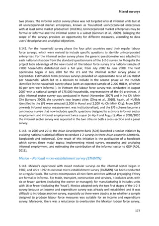 Mixed surveys 
177 
two phases. The informal sector survey phase was not targeted only at informal units but at all unincorporated market enterprises, known as ‘household unincorporated enterprises with at least some market production’ (HUEMs). Unincorporated market enterprises may be formal or informal and the informal sector is a subset (Gennari et al., 2009). Enlarging the scope of the surveys provides an opportunity for different measures, according to data users’ descriptive and analytical objectives. 
6.142. For the household survey phase the four pilot countries used their regular labour force surveys, which were revised to include specific questions to identify unincorporated enterprises. For the informal sector survey phase the generic questionnaire was adapted to each national situation from the standard questionnaire of the 1-2-3 survey. In Mongolia the project took advantage of the new round of the labour force survey of a national sample of 7.000 households distributed over a full year, from July 2007 to June 2008. The field operations began in July 2007 for the LFS and the informal sector survey phase in September. Estimations from previous surveys provided an approximate ratio of 0.6 HUEM per household, which led to a decision to include in the second phase all the HUEMs identified in the household survey phase (with an expected sample of 2.200 HUEM, of which 60 per cent were informal ). In Vietnam the labour force survey was conducted in August 2007 with a national sample of 175.000 households, representative of the 64 provinces. A pilot informal sector survey was conducted in Hanoi (November 2007) and in Ho Chi Minh City (January 2008), the country's two largest cities (Cling et al., 2010). Again, all HUEMs identified in the LFS were selected (1.500 in Hanoi and 2.200 Ho Chi Minh City). From 2007 onwards informal sector measurement was institutionalized, and the LFS scheme became a continuous survey that now includes specific questions designed to estimate informal sector employment and informal employment twice a year (in April and August). Also in 2009/2010 the informal sector survey was repeated in the two cities in both a cross-section and a panel survey. 
6.143. In 2009 and 2010, the Asian Development Bank (ADB) launched a similar initiative by assisting national statistical offices to conduct 1-2 surveys in three Asian countries (Armenia, Bangladesh and Indonesia). One result of this initiative is the publication of a handbook which covers three major topics: implementing mixed survey, measuring and analysing informal employment, and estimating the contribution of the informal sector to GDP (ADB, 2011), 
Mexico – National micro-establishment survey (ENAMIN) 
6.143. Mexico’s experience with mixed modular surveys on the informal sector began in 1987, and since 1992 its national micro-establishment survey (ENAMIN) has been conducted on a regular basis. The survey encompasses all non-farm activities without prejudging if they are formal or informal. For trade, transport, construction and services, it includes units with six or fewer workers (including the owner or manager); for manufacturing it includes units with 16 or fewer (including the ‘head’). Mexico adopted only the two first stages of the 1-2-3 survey because an income and expenditure survey was already well established and it was difficult to introduce another survey, especially as there were doubts as to whether a sample designed to produce labour force measures was suitable for an income and expenditure survey. Moreover, there was a reluctance to overburden the Mexican labour force survey,  