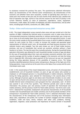 Mixed surveys 
183 
to assistance received the previous five years. The questionnaires obtained information about: (a) characteristics of the informal sector entrepreneurs; (b) characteristics of the economic unit (whether there were associates, number of operating days and hours in a week and in the months of the year and, for each month of the reference year, whether the level of operation was high, normal or low and the reasons for the level of activity in the current reference month); (c) value of production, expenditure, assets, equipment, investments, credit, debts; (d) number of employees and their characteristics; and (e) other items, including type of clients, constraints, etc. (IBGE, 2006). 
Turkey - Urban small unincorporated enterprises survey, 2000 
6.161. The mixed independent survey covered urban areas and was carried out in the four quarters of 2000. It defined the informal sector as economic units in urban areas that are unincorporated enterprises (individual ownership or ordinary partnership), pay a lump-sum tax or none at all and employ fewer than ten persons in the non-agricultural sector. It used the same master sample as the household labour force survey, to which it added an adjacent cluster for each cluster (or PSU), in order to increase the sample and guarantee good representation of informal sector units. All households and fixed business premises in the selected clusters were targeted. Two lists were drawn up: one of fixed visible business premises, and one of households that carried out economic activities without a fixed location or at home. The two lists were thus mutually exclusive. During the household listing operation information was obtained for each household member six years of age and above (in the case of households) about their main and secondary economic activities, their social security coverage and the number of workers engaged in the economic unit (see the listing form in Appendix D6). Information about payment of the lump-sum tax was not requested during the listing operation because of the possibility of response errors. The listing therefore identified potential informal sector entrepreneurs. Because of the high cost of the listing operation, it was carried out at the same time as the labour force survey and the same interviewers were used. 
6.162. In the second phase of the mixed independent survey, all owners of unincorporated establishments and all household members six years of age and above who worked as employers or self-employed persons in a household-based or mobile enterprise, identified during the listing operation, were selected for interviewing in the second phase of the survey. Although all persons aged six and above were theoretically included, no one under 12 years old was found to be working as an own-account worker or an employer. A total of 25,666 informal sector entrepreneurs were grouped into four subsamples, each of which was covered in one of the four quarters. Two reference periods were used to obtain information: the previous year and previous month of operation (for home-based and mobile activities), and the previous month for fixed visible premises. Two forms were used. Form 1 obtained the household, employment and personal characteristics of all household members (for household-based and mobile activities) and of all household members of the entrepreneur's household (for fixed visible premises). Form 2 obtained information about the characteristics of the entrepreneur and of the business (including basic information about sales, expenditure and profit), the number of workers engaged and their working conditions, credit and loans, clients, relations with other units, problems, training, registration, migration, social protection and importance of income earned in household  
