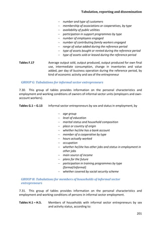 Tabulation, reporting and dissemination 
201 
− number and type of customers 
− membership of associations or cooperatives, by type 
− availability of public utilities 
− participation in support programmes by type 
− number of employees engaged 
− number of contributing family workers engaged 
− range of value added during the reference period 
− type of assets bought or rented during the reference period 
− type of assets sold or leased during the reference period 
Tables F.17 Average output sold, output produced, output produced for own final use, intermediate consumption, change in inventories and value added, per day of business operation during the reference period, by kind of economic activity and sex of the entrepreneur 
GROUP G: Tabulations for informal sector entrepreneurs 
7.30. This group of tables provides information on the personal characteristics and employment and working conditions of owners of informal sector units (employers and own- account workers). 
Tables G.1 – G.13 Informal sector entrepreneurs by sex and status in employment, by 
− age group 
− level of education 
− marital status and household composition 
− place or country of origin 
− whether he/she has a bank account 
− member of a cooperative by type 
− hours actually worked 
− occupation 
− whether he/she has other jobs and status in employment in other jobs 
− main source of income 
− plans for the future 
− participation in training programmes by type (formal/informal) 
− whether covered by social security scheme 
GROUP H: Tabulations for members of households of informal sector entrepreneurs 
7.31. This group of tables provides information on the personal characteristics and employment and working conditions of persons in informal sector employment. 
Tables H.1 – H.5. Members of households with informal sector entrepreneurs by sex and activity status, according to:  