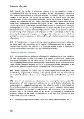 Measuring informality 
222 
8.48. Usually, the number of employees obtained from the population census is systematically higher than the number of employees derived from sources on the demand side, especially establishment or enterprise censuses. The statistics therefore need to be checked to see whether the number of employees in the formal sector has been underestimated by the establishment/enterprise census, for example by looking at its coverage and, where possible, by a simple comparison with other sources (social security registrations, employment associated with payroll tax, etc.). Note, however, that social security registers may systematically overestimate the number of currently active employers and employees because the de-registration procedures are not a reliable source for statistics on employment at a particular date or during a particular period. The exercise thus consists of determining which employees and employers should be considered as formal, by comparing the categories of employees and employers in the labour force survey with those among them who are registered, as determined through establishment/enterprise based information. 
8.49. If the distribution by economic activity, status in employment and sex is available on the labour supply side, assumptions can be made on the labour demand side to obtain the corresponding estimates. The objective is to design as detailed a table of industries as possible by formal/informal employment and informal/formal sector. 
Estimating informal employment 
8.50. Informal employment outside the informal sector may be estimated from the figures for total employment (obtained from labour force surveys or population censuses) by subtracting employment in the formal sector (obtained from establishment/enterprise censuses) and employment in the informal sector (obtained from mixed surveys or informal sector surveys). The result may then be used as an estimate of informal employment in the formal sector, with the usual weaknesses attached to such ‘residual’ estimates. 
8.51. Table 8.4 presents the sources used for establishing the labour input matrix. This should ideally be prepared as precisely as the sources permit from the most detailed classification of economic activities and of employment status and in full-time equivalent jobs. 
8.52. Labour input matrices are a valuable tool for measuring the informal sector. The disaggregation of total employment according to the most detailed classification by economic activities is a basis for estimating the value added of a worker at the industry level. The of performance indicators derived from the surveys, such as production (output), value added, intermediate consumption or mixed income, will be imputed to the number of economic units in the informal sector, or per worker. The objective of imputation by economic activity and by sector (formal/informal) is to make the estimates of total production as exhaustive as possible. 
8.53. The steps followed in preparing the labour input matrix are summarized in Box 8.1. 
 