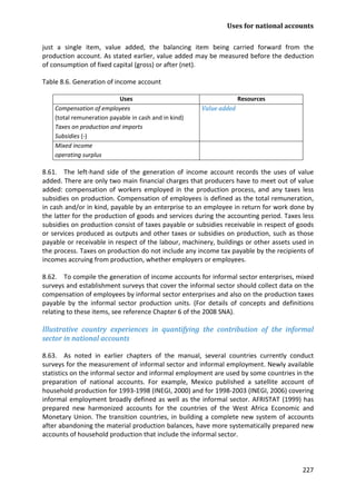 Uses for national accounts 
227 
just a single item, value added, the balancing item being carried forward from the production account. As stated earlier, value added may be measured before the deduction of consumption of fixed capital (gross) or after (net). 
Table 8.6. Generation of income account 
Uses 
Resources 
Compensation of employees 
(total remuneration payable in cash and in kind) 
Taxes on production and imports 
Subsidies (-) 
Value added 
Mixed income 
operating surplus 
8.61. The left-hand side of the generation of income account records the uses of value added. There are only two main financial charges that producers have to meet out of value added: compensation of workers employed in the production process, and any taxes less subsidies on production. Compensation of employees is defined as the total remuneration, in cash and/or in kind, payable by an enterprise to an employee in return for work done by the latter for the production of goods and services during the accounting period. Taxes less subsidies on production consist of taxes payable or subsidies receivable in respect of goods or services produced as outputs and other taxes or subsidies on production, such as those payable or receivable in respect of the labour, machinery, buildings or other assets used in the process. Taxes on production do not include any income tax payable by the recipients of incomes accruing from production, whether employers or employees. 
8.62. To compile the generation of income accounts for informal sector enterprises, mixed surveys and establishment surveys that cover the informal sector should collect data on the compensation of employees by informal sector enterprises and also on the production taxes payable by the informal sector production units. (For details of concepts and definitions relating to these items, see reference Chapter 6 of the 2008 SNA). 
Illustrative country experiences in quantifying the contribution of the informal sector in national accounts 
8.63. As noted in earlier chapters of the manual, several countries currently conduct surveys for the measurement of informal sector and informal employment. Newly available statistics on the informal sector and informal employment are used by some countries in the preparation of national accounts. For example, Mexico published a satellite account of household production for 1993-1998 (INEGI, 2000) and for 1998-2003 (INEGI, 2006) covering informal employment broadly defined as well as the informal sector. AFRISTAT (1999) has prepared new harmonized accounts for the countries of the West Africa Economic and Monetary Union. The transition countries, in building a complete new system of accounts after abandoning the material production balances, have more systematically prepared new accounts of household production that include the informal sector.  