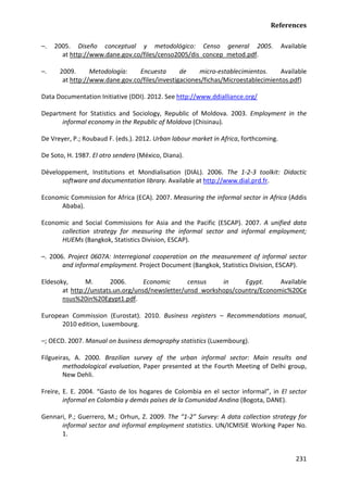 References 
231 
–. 2005. Diseño conceptual y metodológico: Censo general 2005. Available at http://www.dane.gov.co/files/censo2005/dis_concep_metod.pdf. 
–. 2009. Metodología: Encuesta de micro-establecimientos. Available at http://www.dane.gov.co/files/investigaciones/fichas/Microestablecimientos.pdf) 
Data Documentation Initiative (DDI). 2012. See http://www.ddialliance.org/ 
Department for Statistics and Sociology, Republic of Moldova. 2003. Employment in the informal economy in the Republic of Moldova (Chisinau). 
De Vreyer, P.; Roubaud F. (eds.). 2012. Urban labour market in Africa, forthcoming. 
De Soto, H. 1987. El otro sendero (México, Diana). 
Développement, Institutions et Mondialisation (DIAL). 2006. The 1-2-3 toolkit: Didactic software and documentation library. Available at http://www.dial.prd.fr. 
Economic Commission for Africa (ECA). 2007. Measuring the informal sector in Africa (Addis Ababa). 
Economic and Social Commissions for Asia and the Pacific (ESCAP). 2007. A unified data collection strategy for measuring the informal sector and informal employment; HUEMs (Bangkok, Statistics Division, ESCAP). 
–. 2006. Project 0607A: Interregional cooperation on the measurement of informal sector and informal employment. Project Document (Bangkok, Statistics Division, ESCAP). 
Eldesoky, M. 2006. Economic census in Egypt. Available at http://unstats.un.org/unsd/newsletter/unsd_workshops/country/Economic%20Census%20in%20Egypt1.pdf. 
European Commission (Eurostat). 2010. Business registers – Recommendations manual, 2010 edition, Luxembourg. 
–; OECD. 2007. Manual on business demography statistics (Luxembourg). 
Filgueiras, A. 2000. Brazilian survey of the urban informal sector: Main results and methodological evaluation, Paper presented at the Fourth Meeting of Delhi group, New Dehli. 
Freire, E. E. 2004. “Gasto de los hogares de Colombia en el sector informal”, in El sector informal en Colombia y demás países de la Comunidad Andina (Bogota, DANE). 
Gennari, P.; Guerrero, M.; Orhun, Z. 2009. The “1-2” Survey: A data collection strategy for informal sector and informal employment statistics. UN/ICMISIE Working Paper No. 1.  