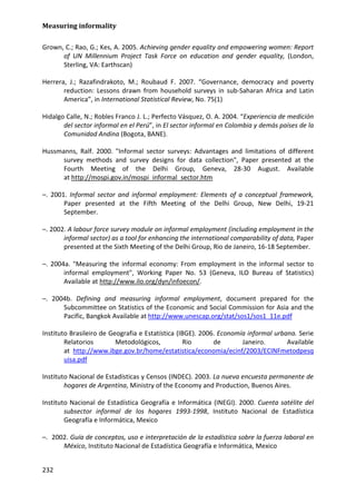 Measuring informality 
232 
Grown, C.; Rao, G.; Kes, A. 2005. Achieving gender equality and empowering women: Report of UN Millennium Project Task Force on education and gender equality, (London, Sterling, VA: Earthscan) 
Herrera, J.; Razafindrakoto, M.; Roubaud F. 2007. “Governance, democracy and poverty reduction: Lessons drawn from household surveys in sub-Saharan Africa and Latin America”, in International Statistical Review, No. 75(1) 
Hidalgo Calle, N.; Robles Franco J. L.; Perfecto Vásquez, O. A. 2004. “Experiencia de medición del sector informal en el Perú”, in El sector informal en Colombia y demás países de la Comunidad Andina (Bogota, BANE). 
Hussmanns, Ralf. 2000. "Informal sector surveys: Advantages and limitations of different survey methods and survey designs for data collection", Paper presented at the Fourth Meeting of the Delhi Group, Geneva, 28-30 August. Available at http://mospi.gov.in/mospi_informal_sector.htm 
–. 2001. Informal sector and informal employment: Elements of a conceptual framework, Paper presented at the Fifth Meeting of the Delhi Group, New Delhi, 19-21 September. 
–. 2002. A labour force survey module on informal employment (including employment in the informal sector) as a tool for enhancing the international comparability of data, Paper presented at the Sixth Meeting of the Delhi Group, Rio de Janeiro, 16-18 September. 
–. 2004a. "Measuring the informal economy: From employment in the informal sector to informal employment", Working Paper No. 53 (Geneva, ILO Bureau of Statistics) Available at http://www.ilo.org/dyn/infoecon/. 
–. 2004b. Defining and measuring informal employment, document prepared for the Subcommittee on Statistics of the Economic and Social Commission for Asia and the Pacific, Bangkok Available at http://www.unescap.org/stat/sos1/sos1_11e.pdf 
Instituto Brasileiro de Geografia e Estatística (IBGE). 2006. Economía informal urbana. Serie Relatorios Metodológicos, Rio de Janeiro. Available at http://www.ibge.gov.br/home/estatistica/economia/ecinf/2003/ECINFmetodpesquisa.pdf 
Instituto Nacional de Estadísticas y Censos (INDEC). 2003. La nueva encuesta permanente de hogares de Argentina, Ministry of the Economy and Production, Buenos Aires. 
Instituto Nacional de Estadística Geografía e Informática (INEGI). 2000. Cuenta satélite del subsector informal de los hogares 1993-1998, Instituto Nacional de Estadística Geografía e Informática, Mexico 
–. 2002. Guía de conceptos, uso e interpretación de la estadística sobre la fuerza laboral en México, Instituto Nacional de Estadística Geografía e Informática, Mexico  