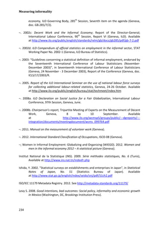 Measuring informality 
234 
economy, ILO Governing Body, 285th Session, Seventh item on the agenda (Geneva, doc. GB.285/7/2). 
–. 2002c: Decent Work and the Informal Economy; Report of the Director-General; International Labour Conference, 90th Session, Report VI (Geneva, ILO). Available at http://www.ilo.org/public/english/standards/relm/gb/docs/gb285/pdf/gb-7-2.pdf 
–. 2002d: ILO Compendium of official statistics on employment in the informal sector, STAT Working Paper No. 2002-1 (Geneva, ILO Bureau of Statistics). 
–. 2003: “Guidelines concerning a statistical definition of informal employment, endorsed by the Seventeenth International Conference of Labour Statisticians (November- December 2003)”, in Seventeenth International Conference of Labour Statisticians (Geneva, 24 November - 3 December 2003), Report of the Conference (Geneva, doc. ICLS/17/2003/R. 
–. 2005. Report of the ILO International Seminar on the use of national labour force surveys for collecting additional labour-related statistics, Geneva, 24-26 October. Available at http://www.ilo.org/public/english/bureau/stat/techmeet/index.htm 
–. 2008a. ILO Declaration on Social Justice for a Fair Globalization, International Labour Conference, 97th Session, Geneva, June. 
–. 2008b. Chairperson’s report, Tripartite Meeting of Experts on the Measurement of Decent Work, Geneva, 8 to 10 September. Available at http://www.ilo.org/wcmsp5/groups/public/---dgreports/--- integration/documents/meetingdocument/wcms_099764.pdf 
–. 2011. Manual on the measurement of volunteer work (Geneva). 
–. 2012. International Standard Classification of Occupations, ISCO-08 (Geneva). 
–; Women in Informal Employment: Globalizing and Organizing (WIEGO). 2012. Women and men in the informal economy 2012 – A statistical picture (Geneva). 
Institut National de la Statistique (INS). 2009. Série méthodes statistiques, No. 6 (Tunis), Available at http://www.ins.nat.tn/indexfr.php 
Ishida, Y. 2002. "Statistical surveys on establishments and enterprises in Japan", in Statistical Notes of Japan, No. 51 (Statistics Bureau of Japan). Available at http://www.stat.go.jp/english/index/seido/snj/pdf/51ch2.pdf 
ISO/IEC 11179 Metadata Registry. 2012. See http://metadata-standards.org/11179/ 
Levy S. 2008. Good intentions, bad outcomes: Social policy, informality and economic growth in Mexico (Washington, DC, Brookings Institution Press).  