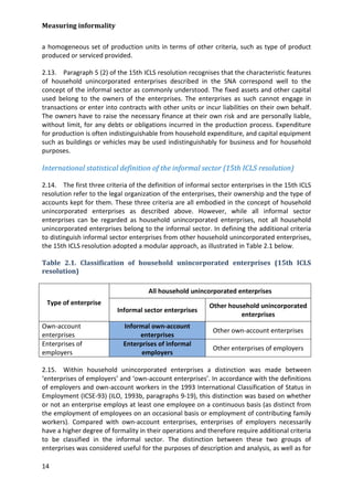 Measuring informality 
14 
a homogeneous set of production units in terms of other criteria, such as type of product produced or serviced provided. 
2.13. Paragraph 5 (2) of the 15th ICLS resolution recognises that the characteristic features of household unincorporated enterprises described in the SNA correspond well to the concept of the informal sector as commonly understood. The fixed assets and other capital used belong to the owners of the enterprises. The enterprises as such cannot engage in transactions or enter into contracts with other units or incur liabilities on their own behalf. The owners have to raise the necessary finance at their own risk and are personally liable, without limit, for any debts or obligations incurred in the production process. Expenditure for production is often indistinguishable from household expenditure, and capital equipment such as buildings or vehicles may be used indistinguishably for business and for household purposes. 
International statistical definition of the informal sector (15th ICLS resolution) 
2.14. The first three criteria of the definition of informal sector enterprises in the 15th ICLS resolution refer to the legal organization of the enterprises, their ownership and the type of accounts kept for them. These three criteria are all embodied in the concept of household unincorporated enterprises as described above. However, while all informal sector enterprises can be regarded as household unincorporated enterprises, not all household unincorporated enterprises belong to the informal sector. In defining the additional criteria to distinguish informal sector enterprises from other household unincorporated enterprises, the 15th ICLS resolution adopted a modular approach, as illustrated in Table 2.1 below. 
Table 2.1. Classification of household unincorporated enterprises (15th ICLS resolution) 
Type of enterprise 
All household unincorporated enterprises 
Informal sector enterprises 
Other household unincorporated enterprises 
Own-account enterprises 
Informal own-account enterprises 
Other own-account enterprises 
Enterprises of employers 
Enterprises of informal employers 
Other enterprises of employers 
2.15. Within household unincorporated enterprises a distinction was made between ‘enterprises of employers’ and ‘own-account enterprises’. In accordance with the definitions of employers and own-account workers in the 1993 International Classification of Status in Employment (ICSE-93) (ILO, 1993b, paragraphs 9-19), this distinction was based on whether or not an enterprise employs at least one employee on a continuous basis (as distinct from the employment of employees on an occasional basis or employment of contributing family workers). Compared with own-account enterprises, enterprises of employers necessarily have a higher degree of formality in their operations and therefore require additional criteria to be classified in the informal sector. The distinction between these two groups of enterprises was considered useful for the purposes of description and analysis, as well as for  