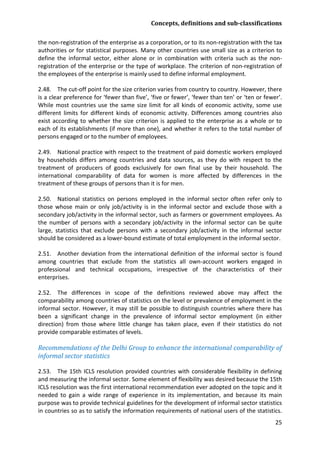 Concepts, definitions and sub-classifications 
25 
the non-registration of the enterprise as a corporation, or to its non-registration with the tax authorities or for statistical purposes. Many other countries use small size as a criterion to define the informal sector, either alone or in combination with criteria such as the non- registration of the enterprise or the type of workplace. The criterion of non-registration of the employees of the enterprise is mainly used to define informal employment. 
2.48. The cut-off point for the size criterion varies from country to country. However, there is a clear preference for ‘fewer than five’, ‘five or fewer’, ‘fewer than ten’ or ‘ten or fewer’. While most countries use the same size limit for all kinds of economic activity, some use different limits for different kinds of economic activity. Differences among countries also exist according to whether the size criterion is applied to the enterprise as a whole or to each of its establishments (if more than one), and whether it refers to the total number of persons engaged or to the number of employees. 
2.49. National practice with respect to the treatment of paid domestic workers employed by households differs among countries and data sources, as they do with respect to the treatment of producers of goods exclusively for own final use by their household. The international comparability of data for women is more affected by differences in the treatment of these groups of persons than it is for men. 
2.50. National statistics on persons employed in the informal sector often refer only to those whose main or only job/activity is in the informal sector and exclude those with a secondary job/activity in the informal sector, such as farmers or government employees. As the number of persons with a secondary job/activity in the informal sector can be quite large, statistics that exclude persons with a secondary job/activity in the informal sector should be considered as a lower-bound estimate of total employment in the informal sector. 
2.51. Another deviation from the international definition of the informal sector is found among countries that exclude from the statistics all own-account workers engaged in professional and technical occupations, irrespective of the characteristics of their enterprises. 
2.52. The differences in scope of the definitions reviewed above may affect the comparability among countries of statistics on the level or prevalence of employment in the informal sector. However, it may still be possible to distinguish countries where there has been a significant change in the prevalence of informal sector employment (in either direction) from those where little change has taken place, even if their statistics do not provide comparable estimates of levels. 
Recommendations of the Delhi Group to enhance the international comparability of informal sector statistics 
2.53. The 15th ICLS resolution provided countries with considerable flexibility in defining and measuring the informal sector. Some element of flexibility was desired because the 15th ICLS resolution was the first international recommendation ever adopted on the topic and it needed to gain a wide range of experience in its implementation, and because its main purpose was to provide technical guidelines for the development of informal sector statistics in countries so as to satisfy the information requirements of national users of the statistics.  