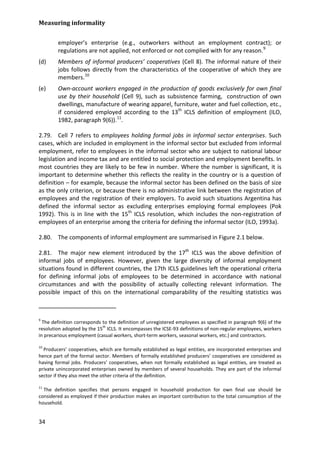 Measuring informality 
34 
employer’s enterprise (e.g., outworkers without an employment contract); or regulations are not applied, not enforced or not complied with for any reason.9 
(d) Members of informal producers’ cooperatives (Cell 8). The informal nature of their jobs follows directly from the characteristics of the cooperative of which they are members. 
10 
(e) Own-account workers engaged in the production of goods exclusively for own final use by their household (Cell 9), such as subsistence farming, construction of own dwellings, manufacture of wearing apparel, furniture, water and fuel collection, etc., if considered employed according to the 13th ICLS definition of employment (ILO, 1982, paragraph 9(6)). 
11 
2.79. Cell 7 refers to employees holding formal jobs in informal sector enterprises. Such cases, which are included in employment in the informal sector but excluded from informal employment, refer to employees in the informal sector who are subject to national labour legislation and income tax and are entitled to social protection and employment benefits. In most countries they are likely to be few in number. Where the number is significant, it is important to determine whether this reflects the reality in the country or is a question of definition – for example, because the informal sector has been defined on the basis of size as the only criterion, or because there is no administrative link between the registration of employees and the registration of their employers. To avoid such situations Argentina has defined the informal sector as excluding enterprises employing formal employees (Pok 1992). This is in line with the 15th ICLS resolution, which includes the non-registration of employees of an enterprise among the criteria for defining the informal sector (ILO, 1993a). . 
2.80. The components of informal employment are summarised in Figure 2.1 below. 
2.81. The major new element introduced by the 17th ICLS was the above definition of informal jobs of employees. However, given the large diversity of informal employment situations found in different countries, the 17th ICLS guidelines left the operational criteria for defining informal jobs of employees to be determined in accordance with national circumstances and with the possibility of actually collecting relevant information. The possible impact of this on the international comparability of the resulting statistics was 
9 The definition corresponds to the definition of unregistered employees as specified in paragraph 9(6) of the resolution adopted by the 15th ICLS. It encompasses the ICSE-93 definitions of non-regular employees, workers in precarious employment (casual workers, short-term workers, seasonal workers, etc.) and contractors. 
10 Producers’ cooperatives, which are formally established as legal entities, are incorporated enterprises and hence part of the formal sector. Members of formally established producers’ cooperatives are considered as having formal jobs. Producers’ cooperatives, when not formally established as legal entities, are treated as private unincorporated enterprises owned by members of several households. They are part of the informal sector if they also meet the other criteria of the definition. 
11 The definition specifies that persons engaged in household production for own final use should be considered as employed if their production makes an important contribution to the total consumption of the household.  