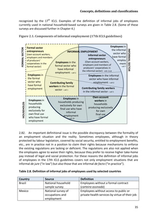 Concepts, definitions and classifications 
35 
recognized by the 17th ICLS. Examples of the definition of informal jobs of employees currently used in national household-based surveys are given in Table 2.8. (Some of these surveys are discussed further in Chapter 4.) 
Figure 2.1. Components of informal employment (17th ICLS guidelines) 
Employeesin the informal sector whohave formal employ-ment-cell 7Informal sector entrepreneurs(Own-account workers, employers and members of producers’ cooperatives in the informal sector)-cells 3,4,8Employeesin the informal sector who have informal employment –cell 6Contributing family workers in the informal sector–cell 5Employeesin the formal sector who have informal employment –cell 2Own-account workersin households producing exclusively for own final use-cell 9Formal sector entrepreneurs (own-account workers, employers and members of producers’ cooperatives in the formal sector) Employeesin households producing exclusively for own final use who have informal employment–cell 10Employeesin the formal sector who have formal employmentContributing family workers in the formal sector –cell 1 INFORMAL SECTOR FORMAL SECTORHOUSEHOLDS INFORMAL EMPLOYMENTEmployeesin households producing exclusively for own final use who have formal employment 
2.82. An important definitional issue is the possible discrepancy between the formality of an employment situation and the reality. Sometimes employees, although in theory protected by labour legislation, covered by social security, entitled to employment benefits, etc., are in practice not in a position to claim their rights because mechanisms to enforce the existing regulations are lacking or deficient. The regulations are also not applied when the employees agree to waive their rights, because they prefer to receive higher take-home pay instead of legal and social protection. For these reasons the definition of informal jobs of employees in the 17th ICLS guidelines covers not only employment situations that are informal de jure (“in law") but also those that are informal de facto (“in practice”). 
Table 2.8. Definition of informal jobs of employees used by selected countries 
Country 
Source 
Definition 
Brazil 
National household sample survey 
Employees without a formal contract (carteira assinada) 
Mexico 
National survey of occupations and employment 
Employees without access to public or private health services by virtue of their job  