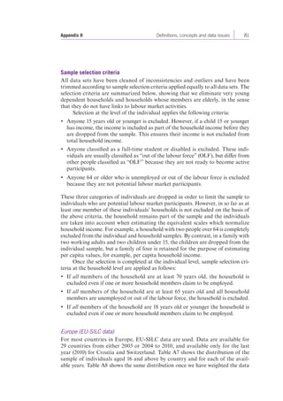 Appendix II Definitions, concepts and data issues 81 
Sample selection criteria 
All data sets have been cleaned of inconsistencies and outliers and have been 
trimmed according to sample selection criteria applied equally to all data sets. The 
selection criteria are summarized below, showing that we eliminate very young 
dependent households and households whose members are elderly, in the sense 
that they do not have links to labour market activities. 
Selection at the level of the individual applies the following criteria: 
y Anyone 15 years old or younger is excluded. However, if a child 15 or younger 
has income, the income is included as part of the household income before they 
are dropped from the sample. This ensures their income is not excluded from 
total household income. 
y Anyone classified as a full-time student or disabled is excluded. These indi-viduals 
are usually classified as “out of the labour force” (OLF), but differ from 
other people classified as “OLF” because they are not ready to become active 
participants. 
y Anyone 64 or older who is unemployed or out of the labour force is excluded 
because they are not potential labour market participants. 
These three categories of individuals are dropped in order to limit the sample to 
individuals who are potential labour market participants. However, in so far as at 
least one member of these individuals’ households is not excluded on the basis of 
the above criteria, the household remains part of the sample and the individuals 
are taken into account when estimating the equivalent scales which normalize 
household income. For example, a household with two people over 64 is completely 
excluded from the individual and household samples. By contrast, in a family with 
two working adults and two children under 15, the children are dropped from the 
individual sample, but a family of four is retained for the purpose of estimating 
per capita values, for example, per capita household income. 
Once the selection is completed at the individual level, sample selection cri-teria 
at the household level are applied as follows: 
y If all members of the household are at least 70 years old, the household is 
excluded even if one or more household members claim to be employed. 
y If all members of the household are at least 65 years old and all household 
members are unemployed or out of the labour force, the household is excluded. 
y If all members of the household are 18 years old or younger the household is 
excluded even if one or more household members claim to be employed. 
Europe (EU-SILC data) 
For most countries in Europe, EU-SILC data are used. Data are available for 
29 countries from either 2003 or 2004 to 2010, and available only for the last 
year (2010) for Croatia and Switzerland. Table A7 shows the distribution of the 
sample of individuals aged 16 and above by country and for each of the avail-able 
years. Table A8 shows the same distribution once we have weighted the data 
 