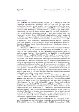 Appendix II Definitions, concepts and data issues 85 
Asian countries 
Data for China are from two separate sources. The first source is the China 
Household Income Project (CHIP) for 2002, 2007 and 2009. The surveys are 
nationally representative and samples were randomly drawn from the larger 
annual national household income survey conducted by the National Bureau of 
Statistics (NBS). The purpose of these surveys is to estimate wages, employment, 
consumption and related economic issues in both rural and urban areas of China. 
Data on migrants are included in this survey. The second source is the China 
Health and Nutrition Survey (CHNS), a longitudinal survey jointly conducted 
by the Carolina Population Center at the University of North Carolina at Chapel 
Hill in the United States, and the National Institute of Nutrition and Food Safety 
at the Chinese Center for Disease Control and Prevention in China. The survey 
covers nine provinces of varying levels of development (Helongjiang, Liaoning, 
Shangdong, Henan, Hubei, Hunan, Jiangsu, Guangxi, Guizhou provinces) for 
2004, 2006 and 2009. 
The analysis for India is based on the Employment–Unemployment Survey 
(EUS) carried out by the National Sample Survey Office (NSSO) of India. It 
covers all major Indian states. The years (known as rounds) considered for the 
analyses are the 55th (July 1999 to June 2000), 61st (July 2004 to June 2005) and 
68th (July 2011 to June 2012). The 55th and 68th rounds do not contain informa-tion 
on income from self-employment. In the 61st round there is no direct ques-tion 
related to self-employment income, but two questions related to remuneration 
were introduced: (1) whether respondents regarded their current income from self-employment 
as remunerative (as opposed to being produced for self-consumption), 
based on different income brackets; and (2) what amount per month they would 
consider remunerative (as opposed to being produced for self-consumption). From 
these questions, it would have been possible to compute approximate averages 
for each income bracket, but this procedure was considered inappropriate for the 
analyses undertaken for this study. Therefore, income from self-employment and 
total employment-related income are not computed. 
The statistics for Indonesia are based on two different sources. The main 
source is the national labour force survey (Survei angkatan kerja nasional, 
SAKERNAS). This provides the basis for calculation of all statistics related to 
employment, wages, income from self-employment and household employment-related 
income. The years 2001, 2005 and 2009 are used for the analyses. Even 
though more recent SAKERNAS data are available, these could not be consid-ered 
since the questionnaire has undergone changes and the self-employed are no 
longer questioned about their income. SAKERNAS does not contain income from 
sources other than employment and consequently household income cannot be 
calculated. Therefore, the national socio-economic survey (Survei social ekonomi 
nasional, SUSENAS), a household survey, was taken into consideration as a 
second source of data. It contains information on household income based on a 
consumption approach and is available for 2001, 2005 and 2010. 
Data for the Philippines are taken from two data sets, the Family Income 
and Expenditure Survey (FIES) and the Labour Force Survey (LFS). The years 
2003 and 2009 are used from the FIES, and for the LFS the second (July 2003), 
 
