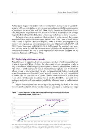 8 Global Wage Report 2014/15 
Public sector wages were further reduced several times during the crisis, contrib-uting 
to a 23 per cent decline in government expenditure related to compensation 
of employees between 2008 and 2012 (ILO, 2014a). In other crisis-affected coun-tries, 
the general wage declines have been less dramatic, but the focus on average 
wages tends to obscure the full extent of the wage turbulence in these countries. 
In Spain, when the composition effect (see box 3) is discounted, the average 
wages of those who remained employed seem to have fallen twice as much as the 
trend shown in figure 6 (Banco de España, 2014). In Ireland, the proportion of 
workers who experienced nominal pay cuts exceeded 50 per cent in both 2009 and 
2010 (Doris, Sweetman and O’Neill, 2013). In Portugal, the wages of civil serv-ants 
earning more than €1,500 per month and of blue-collar workers were cut, 
and those of some 40 per cent of other wage earners were frozen (see ILO, 2013b; 
Carneiro, Portugal and Varejao, 2013). 
3.2 Productivity outstrips wage growth 
Are differences in wage trends across countries a product of differences in labour 
productivity growth? Figure 7 shows the relationship between wages and product-ivity 
from 1999 to 2013 in the group of developed economies where labour product-ivity 
refers to GDP (output) per worker. This definition captures how productively 
labour is used to generate output, but also captures the contribution to output of 
other elements such as changes in hours worked, changes in the skill composition 
of labour, and the contribution of capital.11 While other measures of productivity 
exist, labour productivity as defined here is used by the ILO as a decent work 
indicator, and is the only one readily available for all countries up to and including 
2013.12 
Figure 7 shows that after a narrowing of the gap during the depth of the crisis 
between 2008 and 2009, labour productivity has continued to outstrip real wage 
Figure 7 Trends in growth in average wages and labour productivity in developed 
economies (index), 1999–2013 
118 
115 
112 
109 
106 
103 
100 
Index (base year = 1999) 
Labour productivity index 
Real wage index 
1999 2000 2001 2002 2003 2004 2005 2006 2007 2008 2009 2010 2011 2012 2013 
Note: Wage growth is calculated as a weighted average of year-on-year growth in average monthly real wages in 36 economies 
(for a description of the methodology, see Appendix I). Index is based to 1999 because of data availability. 
Sources: ILO Global Wage Database; ILO Trends Econometric Models, Apr. 2014. Data accessible at: www.ilo.org/gwr-figures 
 