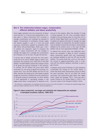 Part I 3. Developed economies 9 
Box 4 The relationship between wages, compensation, 
different deflators and labour productivity 
Since wages represent only one component of labour 
costs (see box 1), it may be more appropriate to com-pare 
gains in labour productivity with increases in 
average compensation per employee (as opposed to 
wages). Compensation of employees includes wages 
and salaries payable in cash or in kind and social 
insurance contributions payable by employers (CEC, 
IMF, OECD, UN and World Bank, 2009, para. 7.42).* 
To address this argument, figure 8 compares the 
change in labour productivity with the changes in 
average real wages and in average real compensation 
per employee; as can be seen, the gap still persists. 
A second area of debate surrounds the most appro-priate 
tool to be used to deflate wages or labour com-pensation: 
the consumer price index (CPI) or the GDP 
deflator. The GDP deflator captures the change in prices 
of all goods and services produced in the economy. 
In contrast, the CPI reflects the prices which affect 
consumers (i.e. the prices of goods and services con-sumers 
buy). Thus, the GDP deflator and the CPI can 
differ, because the overall price of the basket of goods 
bought by consumers is different from the overall price 
of all goods produced domestically. So which deflator 
is more appropriate in calculating changes in real 
wages and/or labour compensation? It depends on the 
end-use of the analysis. When the standard of living 
is being assessed, the CPI more accurately reflects 
changes in the purchasing power of consumers: this is 
why the Global Wage Report uses the CPI to calculate 
its global and regional estimates for average real wage 
growth. However, for enterprises, the relevant measure 
may be between productivity and labour compensation 
deflated by the product price; in this case, the GDP 
deflator may be more appropriate (Feldstein, 2008). 
To address this second issue, two additional calcu-lations 
are presented in figure 8, which compares 
labour productivity growth with real compensation 
per employee deflated by both the CPI and the GDP 
deflator. The results show that, just as in the case of 
the concept of wages/compensation used, it is like-wise 
with the different deflators; whichever is used, a 
gap remains. 
A detailed study by the US Bureau of Labor Statistics 
corroborates this finding for the United States: it 
shows that while these measurement issues do affect 
the exact estimates, they do not affect the overall 
conclusion that productivity grew faster than wages 
(Fleck, Glaser and Sprague, 2011). There was also a 
similar finding for the United States in 2014 in the 
Economic report of the President (USCEA, 2014). 
* By definition, compensation of employees omits the income of the self-employed. To calculate the adjusted wage share, 
there are several methods. See ILO, 2010a, Technical Appendix II. 
Figure 8 Labour productivity, real wages and estimated real compensation per employee 
in developed economies (indices), 1999–2013 
118 
115 
112 
109 
106 
103 
100 
Labour productivity index 
Real compensation – GDP deflator 
Real wage index – GDP deflator 
Real compensation – CPI 
Real wage index – CPI 
1999 2000 2001 2002 2003 2004 2005 2006 2007 2008 2009 2010 2011 2012 2013 
Index (base year = 1999) 
Note: Wage growth is calculated as a weighted average of year-on-year growth in average monthly real wages in 33 economies (for a description of 
the methodology, see Appendix I). Iceland, Israel and Malta were excluded from this figure for reasons of data availability; these three countries 
collectively contribute less than 1 per cent of the total employees in developed economies. Index is based to 1999 because of data availability. 
Sources: ILO Global Wage Database; ILO Trends Econometric Models, Apr. 2014; IMF, World Economic Outlook, Apr. 2014; European Commission 
AMECO database. Data accessible at: www.ilo.org/gwr-figures 
 
