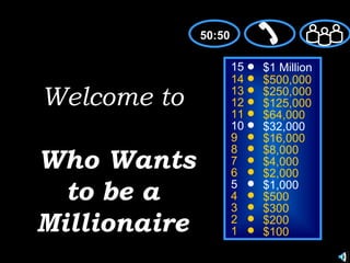 15 14 13 12 11 10 9 8 7 6 5 4 3 2 1 $1 Million $500,000 $250,000 $125,000 $64,000 $32,000 $16,000 $8,000 $4,000 $2,000 $1,000 $500 $300 $200 $100 Welcome to   Who Wants to be a Millionaire 50:50 