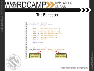 www.WordCampMSP.org
Tweetaboutthissession#WordCampMSP!!!
Follow John Hawkins @VegasGeek
The Function
 