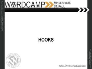 www.WordCampMSP.org
Tweetaboutthissession#WordCampMSP!!!
HOOKS
Follow John Hawkins @VegasGeek
 