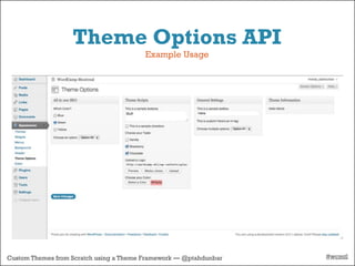 Theme Options API
                                         Example Usage




Custom Themes from Scratch using a Theme Framework — @ptahdunbar   #wcmtl
 