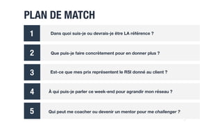 PLAN DE MATCH
23
1
4
5
Dans quoi suis-je ou devrais-je être LA référence ?
Que puis-je faire concrètement pour en donner plus ?
Est-ce que mes prix représentent le RSI donné au client ?
À qui puis-je parler ce week-end pour agrandir mon réseau ?
Qui peut me coacher ou devenir un mentor pour me challenger ?
2
3
23
 