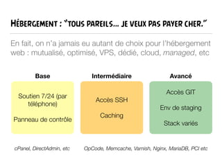 Hébergement : “tous pareils… je veux pas payer cher.”
En fait, on n’a jamais eu autant de choix pour l’hébergement
web : mutualisé, optimisé, VPS, dédié, cloud, managed, etc
Soutien 7/24 (par
téléphone)
!
Panneau de contrôle
Base
Accès SSH
!
Caching
Accès GIT
!
Env de staging
!
Stack variés
Intermédiaire Avancé
cPanel, DirectAdmin, etc OpCode, Memcache, Varnish, Nginx, MariaDB, PCI etc
 