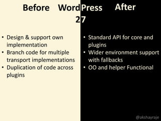 Before AfterWord
2
Press
7
• Design & support own
implementation
• Branch code for multiple
transport implementations
• Duplication of code across
plugins
• Standard API for core and
plugins
• Wider environment support
with fallbacks
• OO and helper Functional
@akshayraje
 
