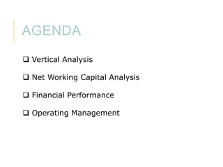 AGENDA
 Vertical Analysis

 Net Working Capital Analysis
 Financial Performance

 Operating Management

 
