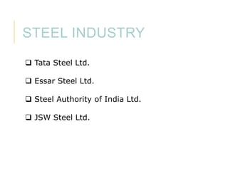 STEEL INDUSTRY
 Tata Steel Ltd.
 Essar Steel Ltd.

 Steel Authority of India Ltd.
 JSW Steel Ltd.

 