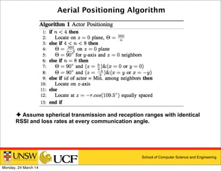 School of Computer Science and Engineering
Aerial Positioning Algorithm
✦ Assume spherical transmission and reception ranges with identical
RSSI and loss rates at every communication angle.
Monday, 24 March 14
 