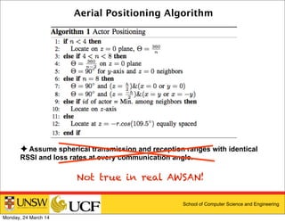 School of Computer Science and Engineering
Aerial Positioning Algorithm
✦ Assume spherical transmission and reception ranges with identical
RSSI and loss rates at every communication angle.
Not true in real AWSAN!
Monday, 24 March 14
 