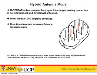 School of Computer Science and Engineering
Hybrid Antenna Model
✦ O-BESPAR antenna model leverages the complementary properties
of omnidirectional and directional antennas.
✦ Omni module: 360 degrees coverage.
✦ Directional module: non-interference
transmissions.
~ Li, Kai, et al. "Reliable communications in aerial sensor networks by using a hybrid antenna."
Local Computer Networks (LCN), 2012 IEEE 37th Conference on. IEEE, 2012.
Monday, 24 March 14
 
