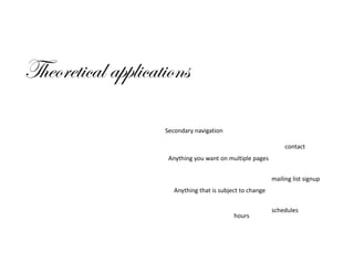 g{xÉÜxà|vtÄ tÑÑÄ|vtà|ÉÇá
Secondary navigation
Anything you want on multiple pages
Anything that is subject to change
hours
schedules
contact
mailing list signup